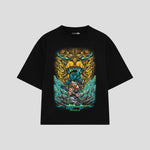 Playera streetwear premium de anime y gaming ExtraLife MX, corte boxy oversized drop shoulder heavyweight en color Deep Black y Off-White, moda urbana mexicana de culto.