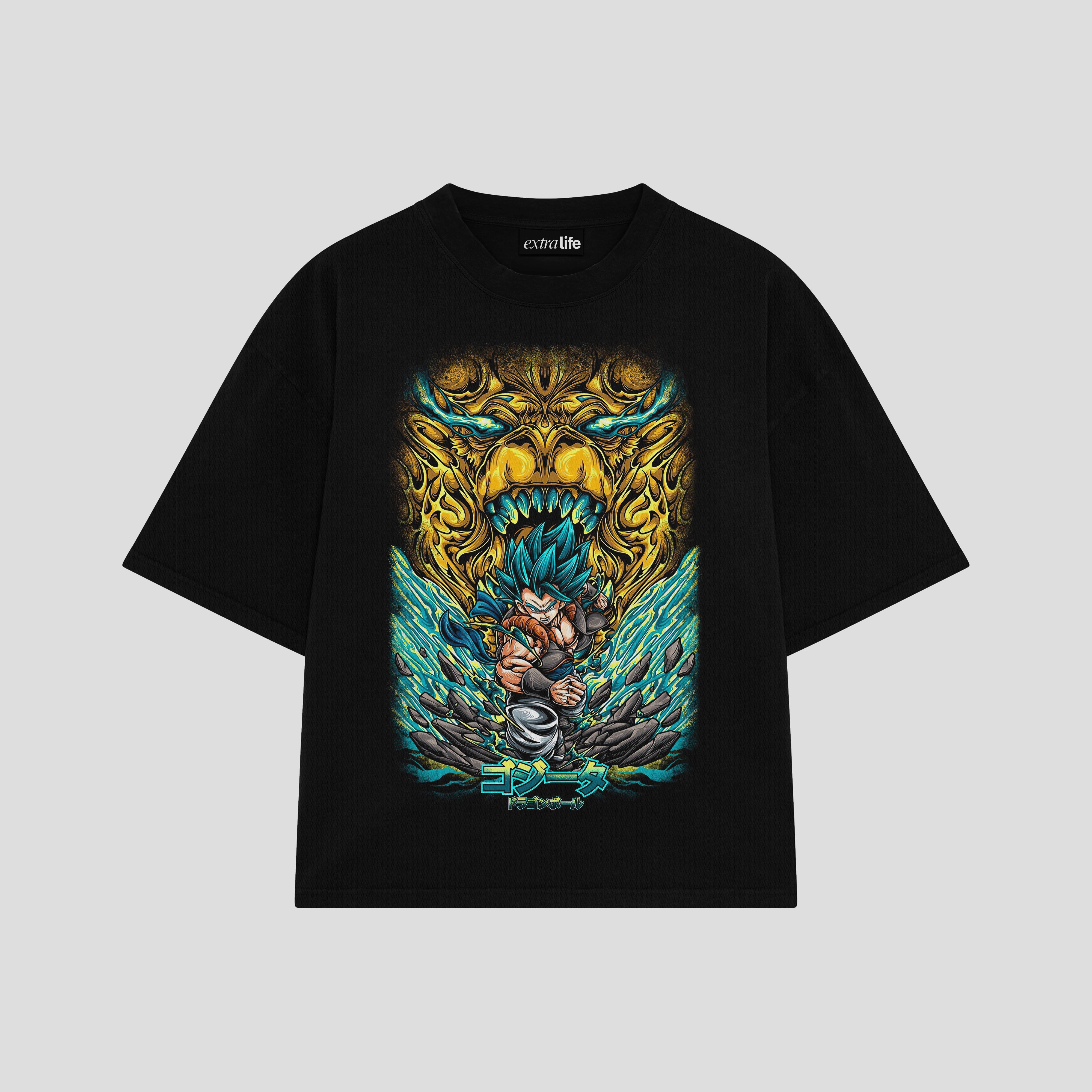 Playera streetwear premium de anime y gaming ExtraLife MX, corte boxy oversized drop shoulder heavyweight en color Deep Black y Off-White, moda urbana mexicana de culto.