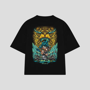 Playera streetwear premium de anime y gaming ExtraLife MX, corte boxy oversized drop shoulder heavyweight en color Deep Black y Off-White, moda urbana mexicana de culto.