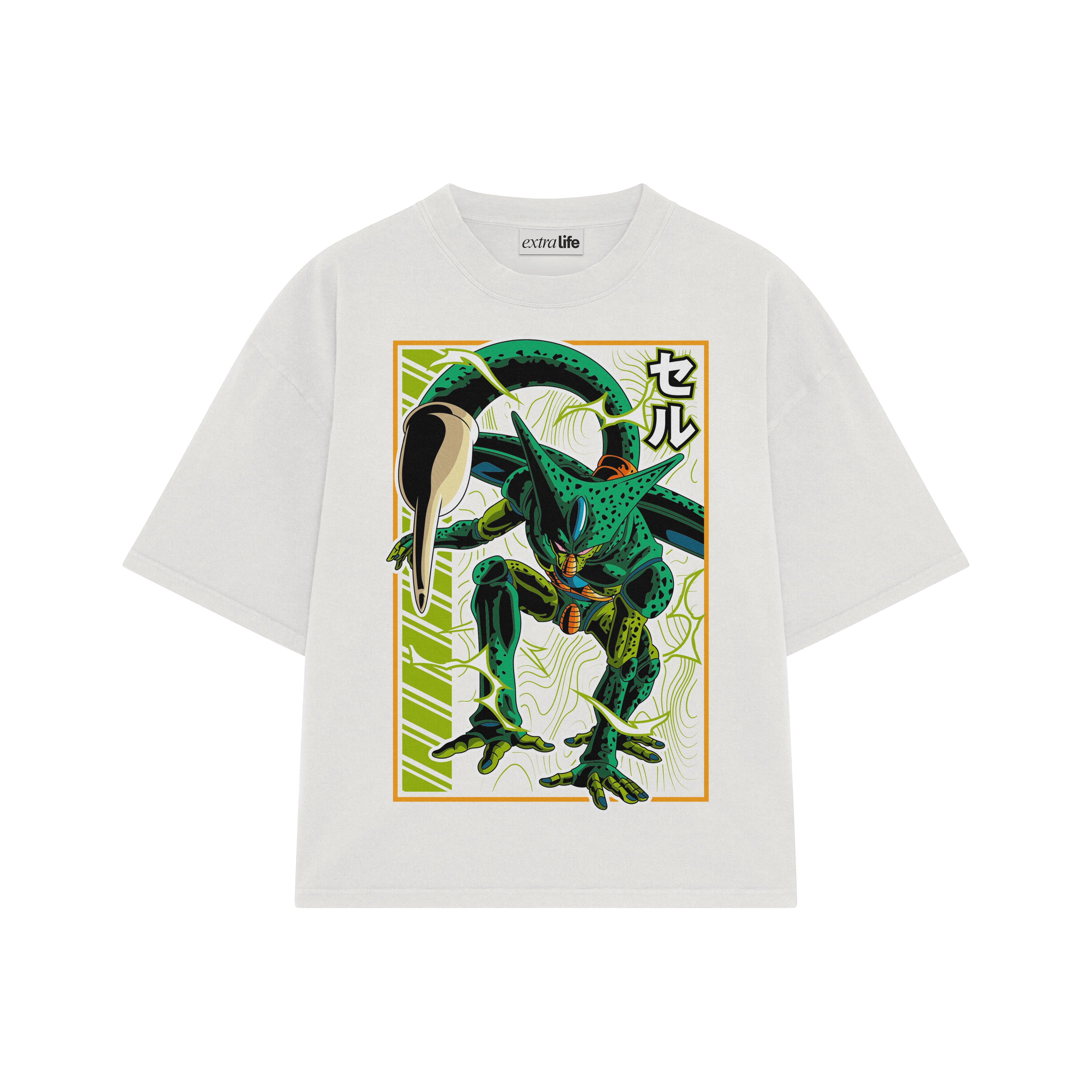 Playera streetwear premium de anime y gaming ExtraLife MX, corte boxy oversized drop shoulder heavyweight en color Deep Black y Off-White, moda urbana mexicana de culto.