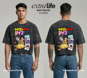 Playera streetwear premium de anime y gaming ExtraLife MX, corte boxy deluxe mineral wash heavyweight en color Acid Wash, moda urbana mexicana de culto.