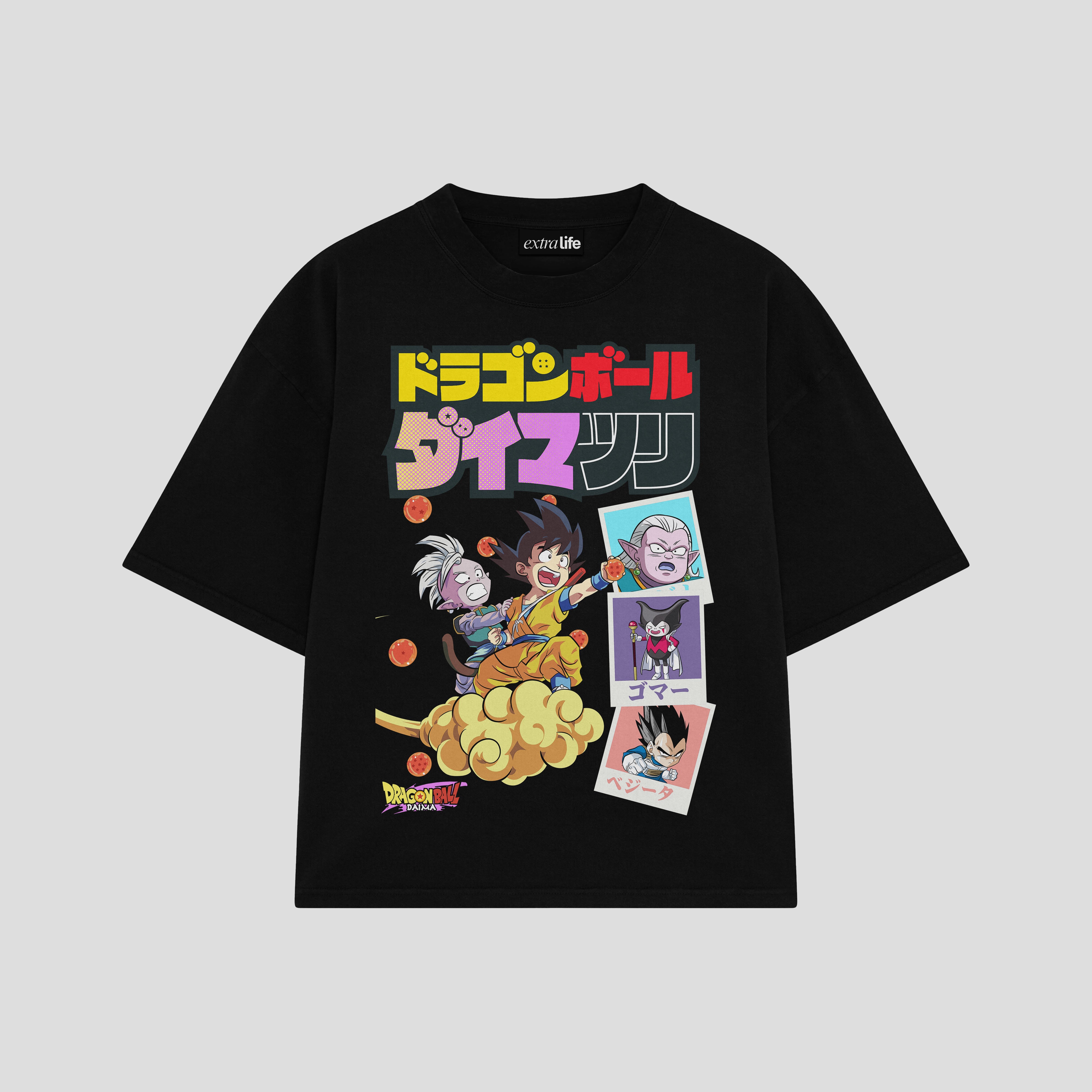 Playera streetwear premium de anime y gaming ExtraLife MX, corte boxy oversized drop shoulder heavyweight en color Deep Black y Off-White, moda urbana mexicana de culto.