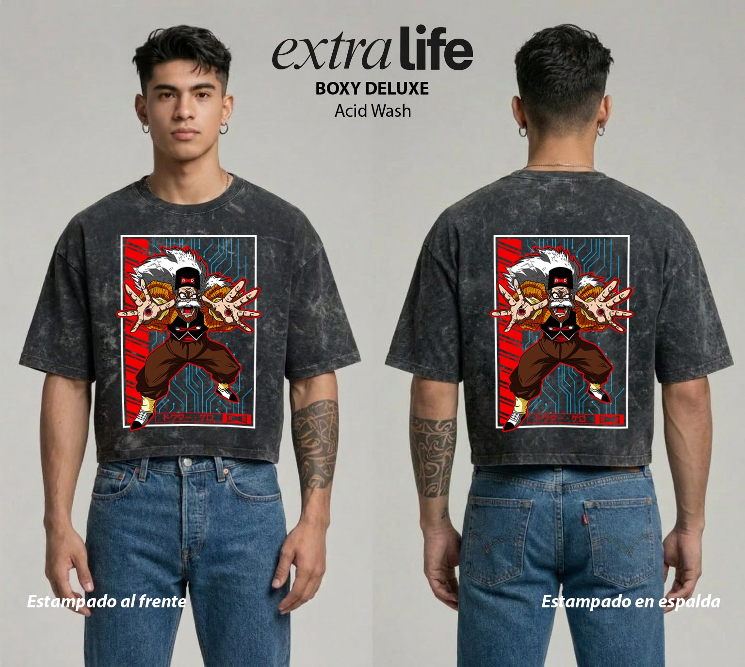 Playera streetwear premium de anime y gaming ExtraLife MX, corte boxy deluxe mineral wash heavyweight en color Acid Wash, moda urbana mexicana de culto.