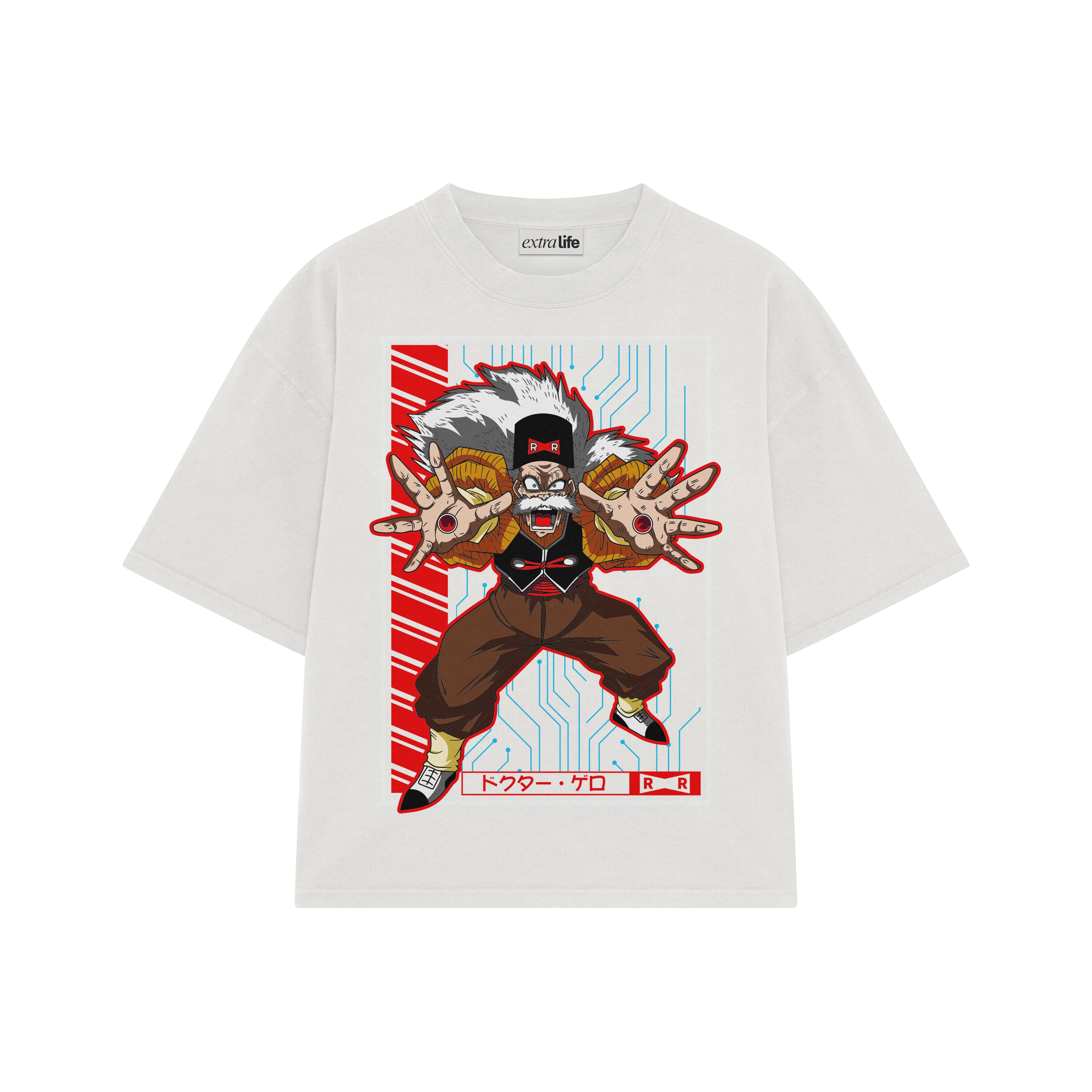 Playera streetwear premium de anime y gaming ExtraLife MX, corte boxy oversized drop shoulder heavyweight en color Deep Black y Off-White, moda urbana mexicana de culto.