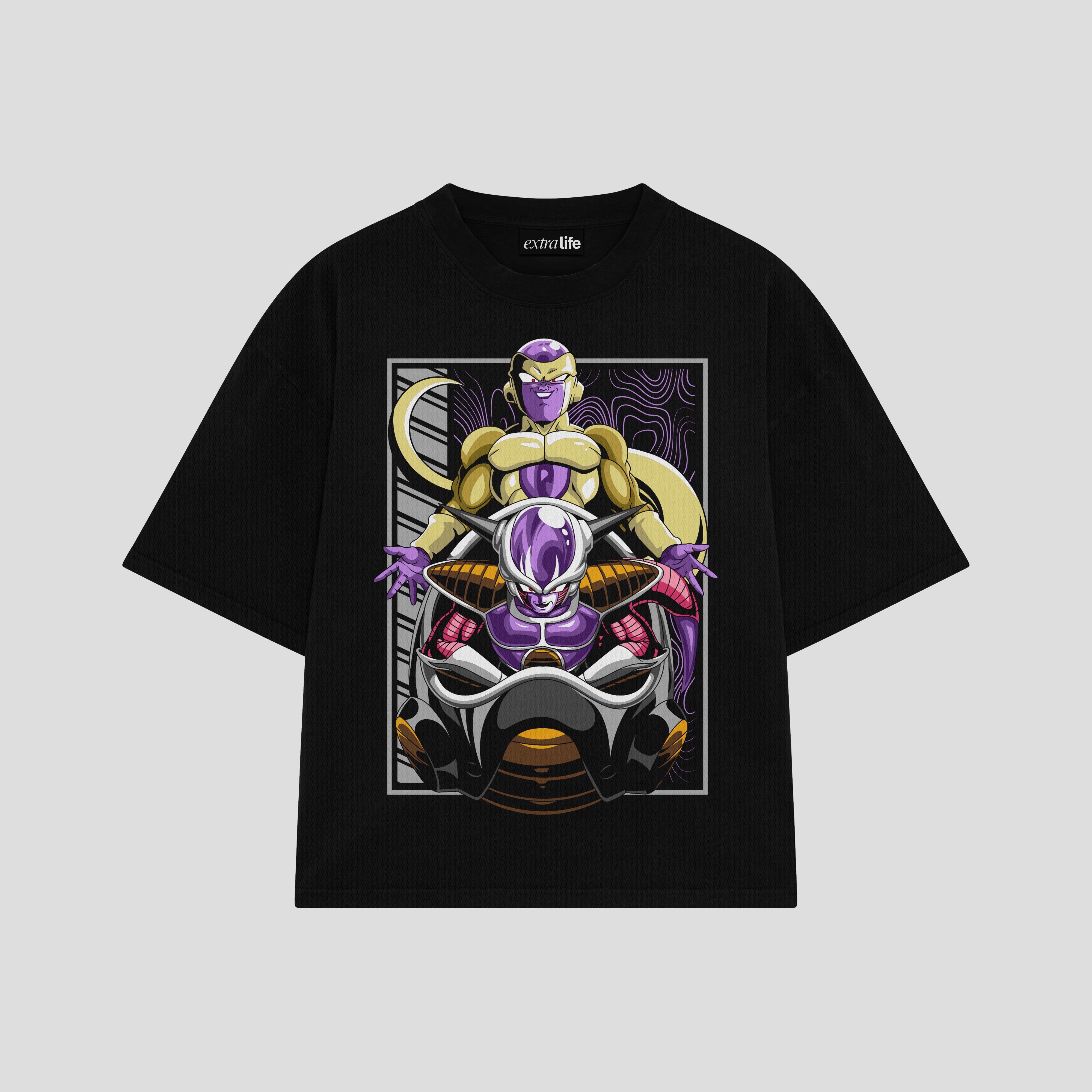 Playera streetwear premium de anime y gaming ExtraLife MX, corte boxy oversized drop shoulder heavyweight en color Deep Black y Off-White, moda urbana mexicana de culto.