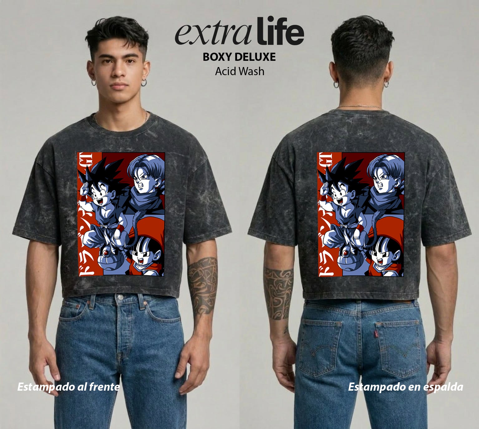 Playera streetwear premium de anime y gaming ExtraLife MX, corte boxy deluxe mineral wash heavyweight en color Acid Wash, moda urbana mexicana de culto.