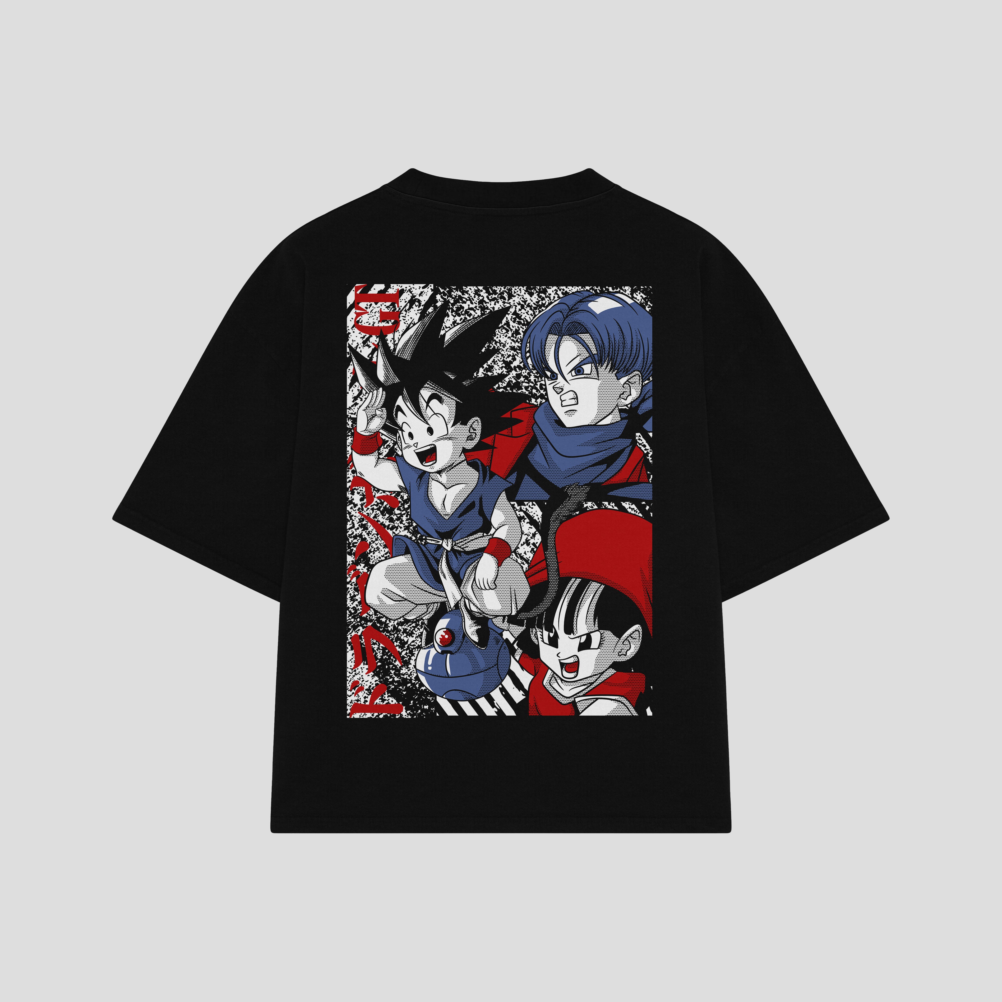Playera streetwear premium de anime y gaming ExtraLife MX, corte boxy oversized drop shoulder heavyweight en color Deep Black y Off-White, moda urbana mexicana de culto.
