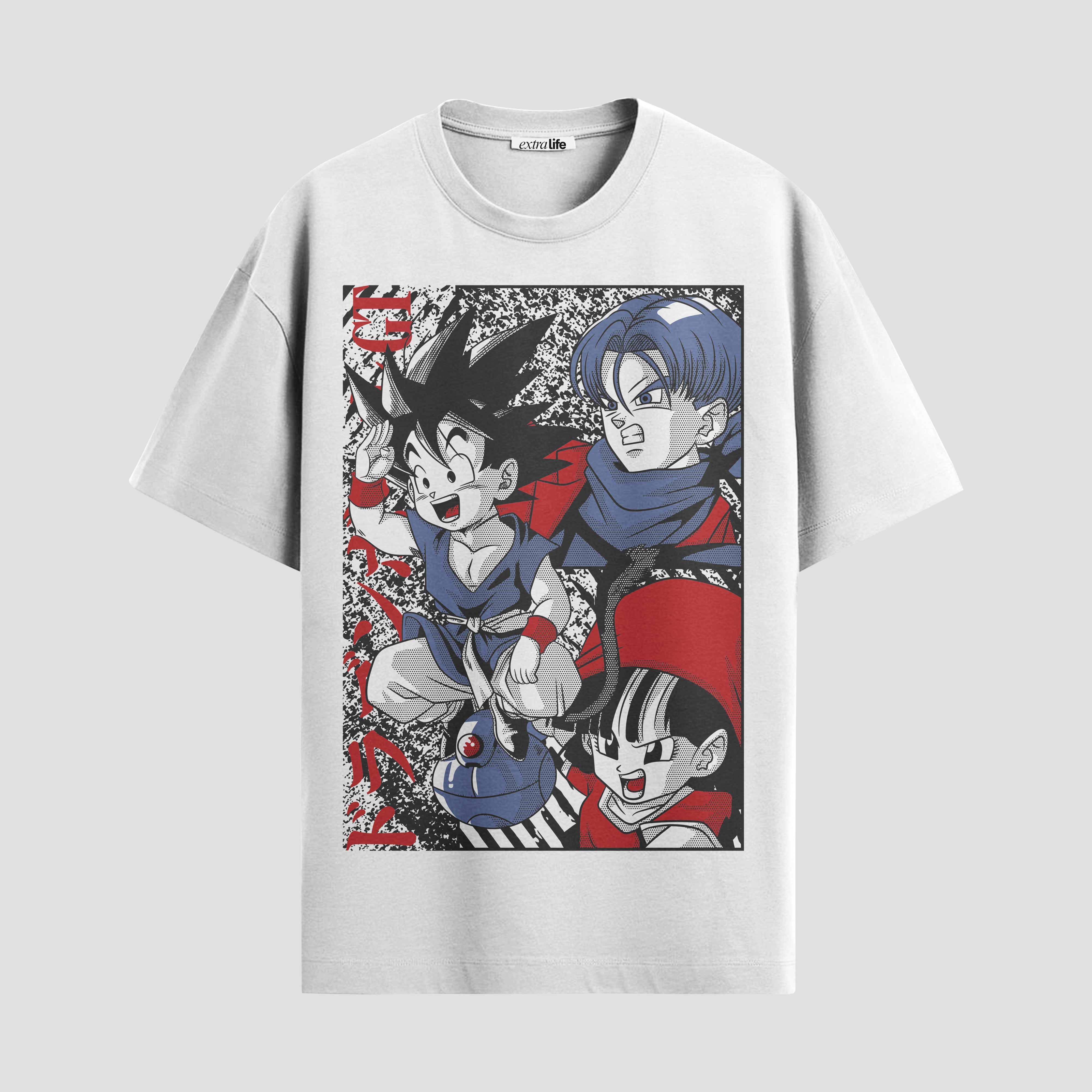 Playera urbana de anime y gaming ExtraLife MX, corte Standard Fit unisex ligero y transpirable en color Deep Black y Pure White, ropa de uso diario para gym y casual.