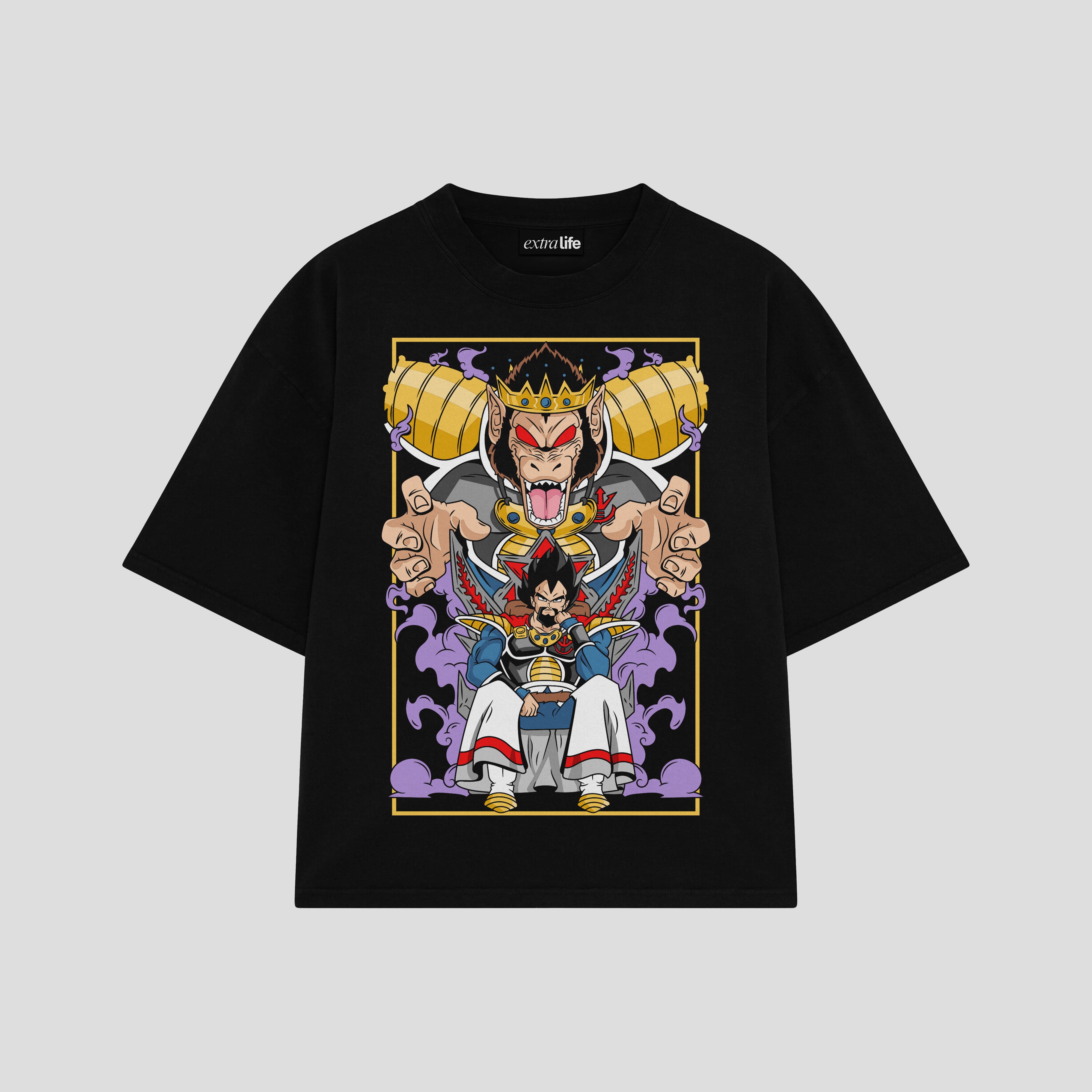 Playera streetwear premium de anime y gaming ExtraLife MX, corte boxy oversized drop shoulder heavyweight en color Deep Black y Off-White, moda urbana mexicana de culto.