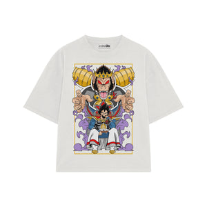 Playera streetwear premium de anime y gaming ExtraLife MX, corte boxy oversized drop shoulder heavyweight en color Deep Black y Off-White, moda urbana mexicana de culto.