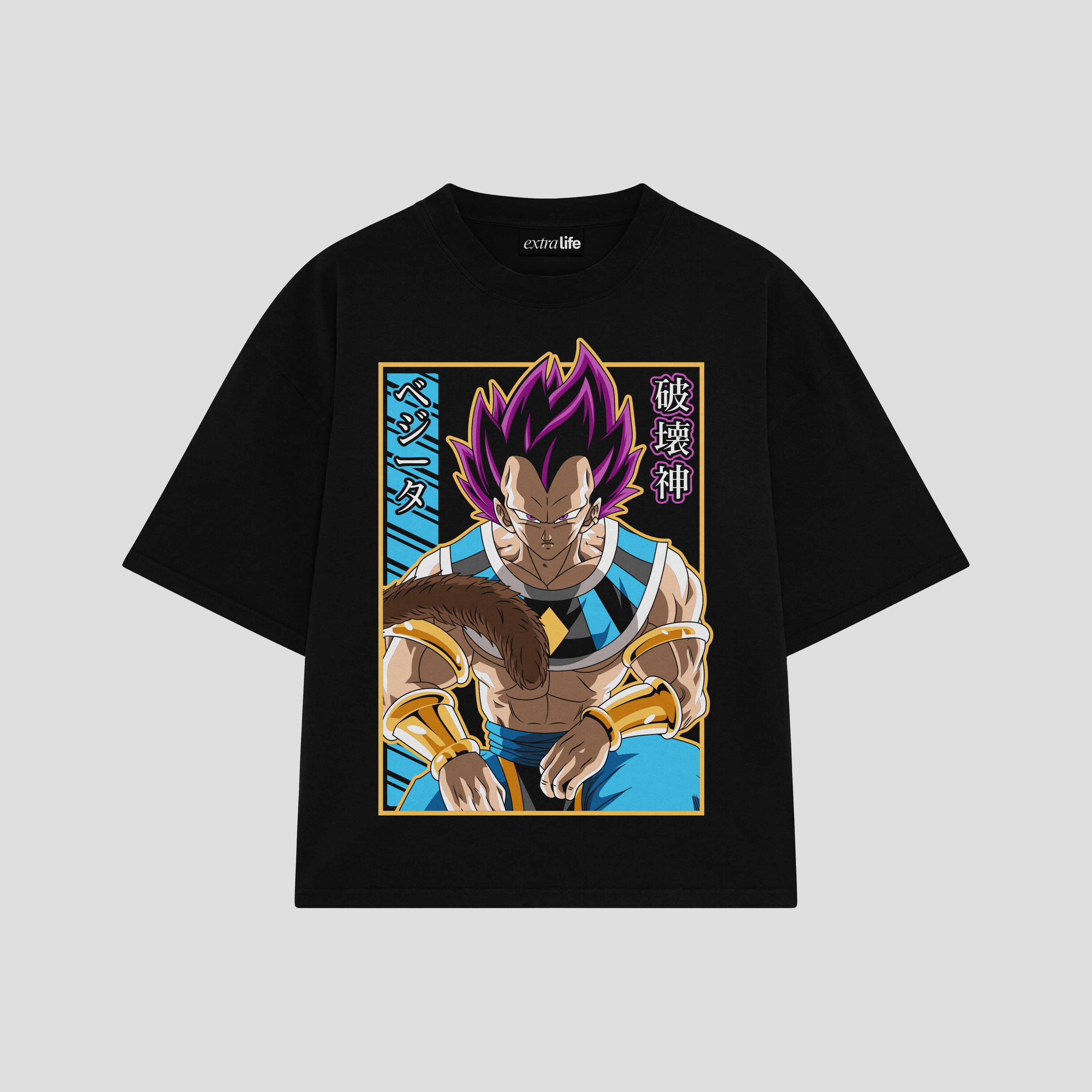 Playera streetwear premium de anime y gaming ExtraLife MX, corte boxy oversized drop shoulder heavyweight en color Deep Black y Off-White, moda urbana mexicana de culto.