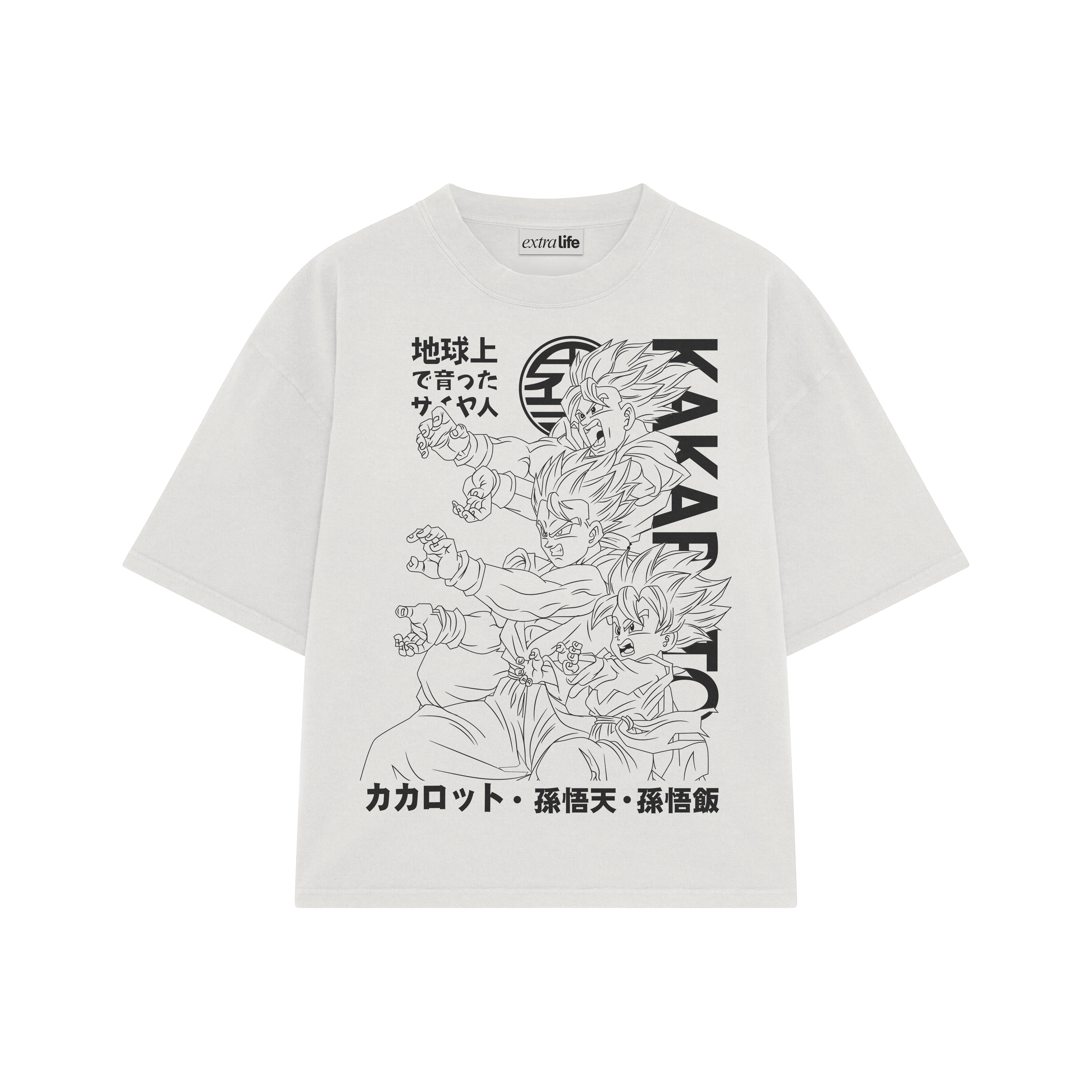 Playera streetwear premium de anime y gaming ExtraLife MX, corte boxy oversized drop shoulder heavyweight en color Deep Black y Off-White, moda urbana mexicana de culto.