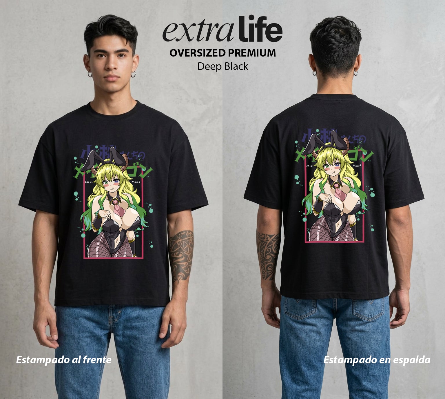 La Sirvienta Dragon | El Dragón Ancestral #01379 - Playera Oversized Premium | Deep Black - Foto en modelo