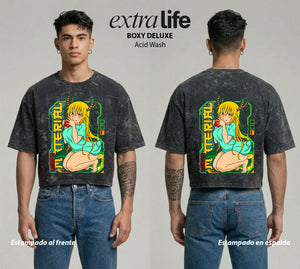 Playera streetwear premium de anime y gaming ExtraLife MX, corte boxy deluxe mineral wash heavyweight en color Acid Wash, moda urbana mexicana de culto.