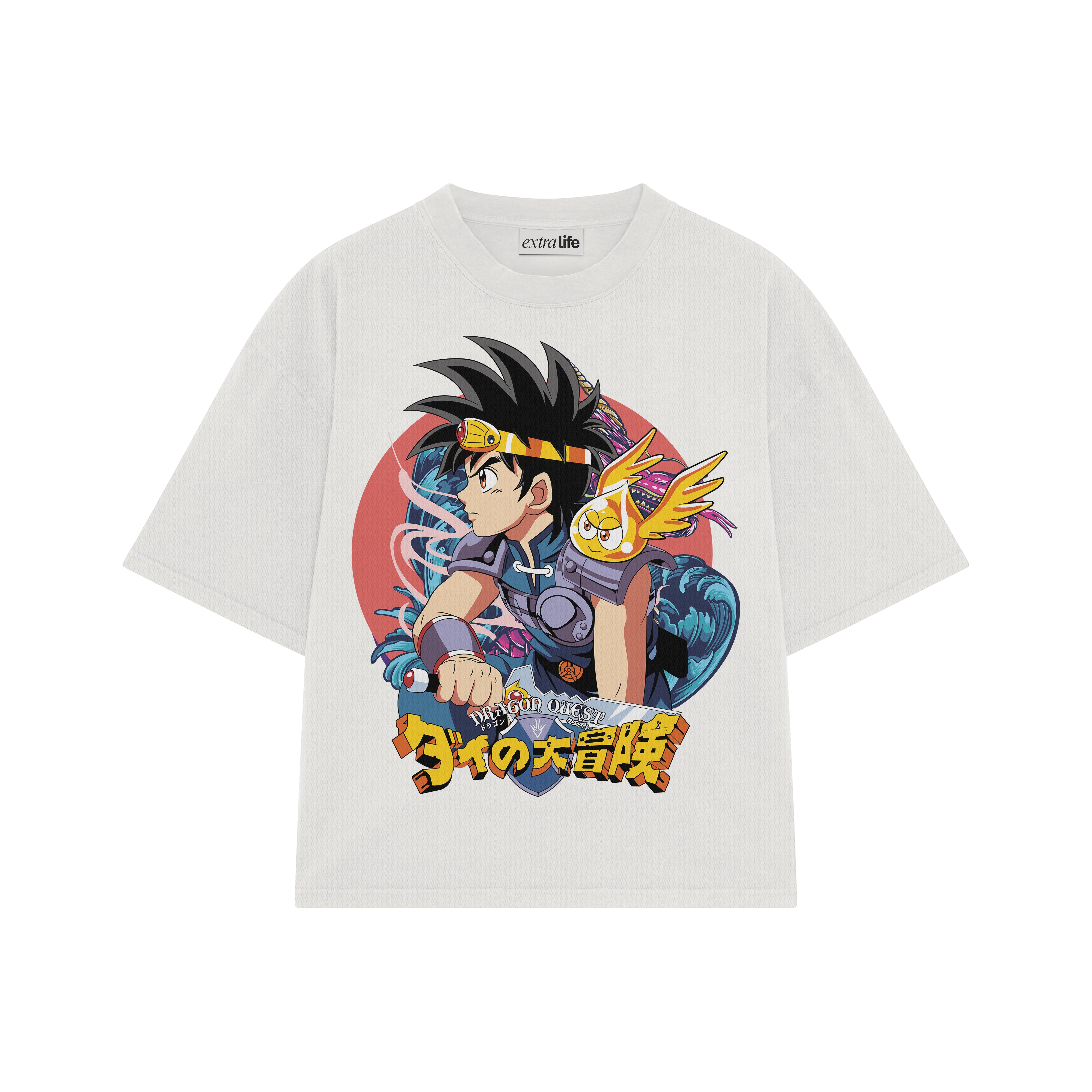 Playera streetwear premium de anime y gaming ExtraLife MX, corte boxy oversized drop shoulder heavyweight en color Deep Black y Off-White, moda urbana mexicana de culto.