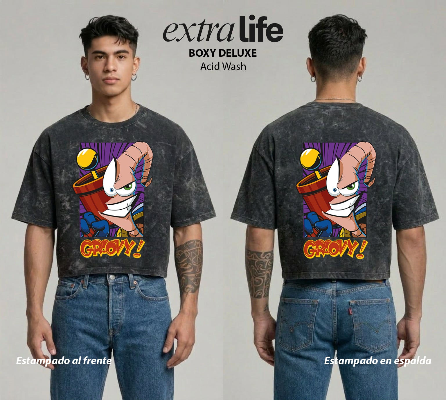 Playera streetwear premium de anime y gaming ExtraLife MX, corte boxy deluxe mineral wash heavyweight en color Acid Wash, moda urbana mexicana de culto.