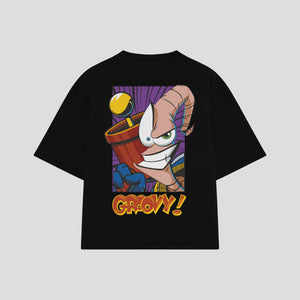Playera streetwear premium de anime y gaming ExtraLife MX, corte boxy oversized drop shoulder heavyweight en color Deep Black y Off-White, moda urbana mexicana de culto.