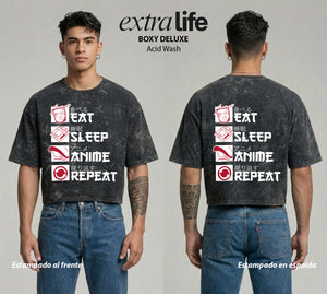 Playera streetwear premium de anime y gaming ExtraLife MX, corte boxy deluxe mineral wash heavyweight en color Acid Wash, moda urbana mexicana de culto.