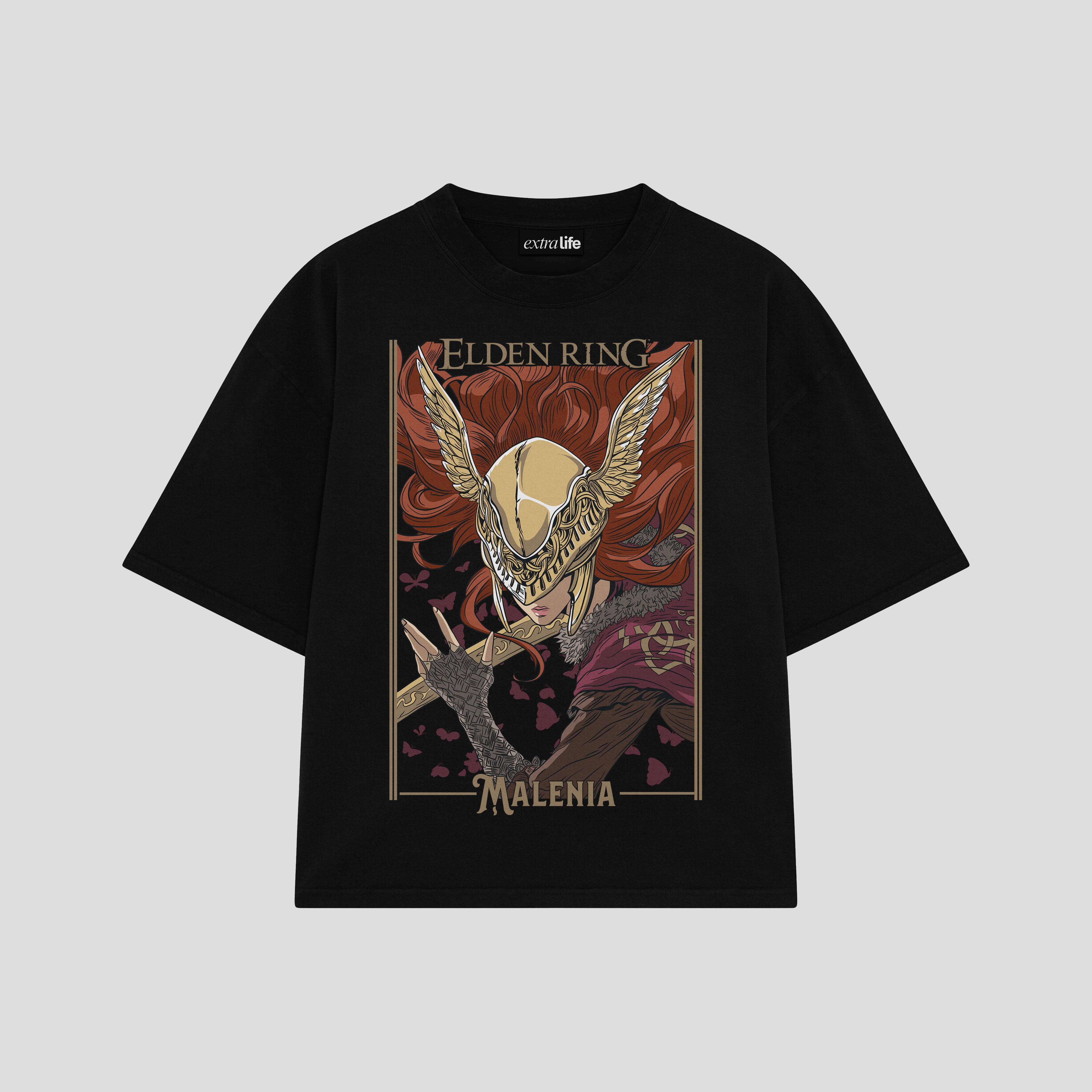 Playera streetwear premium de anime y gaming ExtraLife MX, corte boxy oversized drop shoulder heavyweight en color Deep Black y Off-White, moda urbana mexicana de culto.