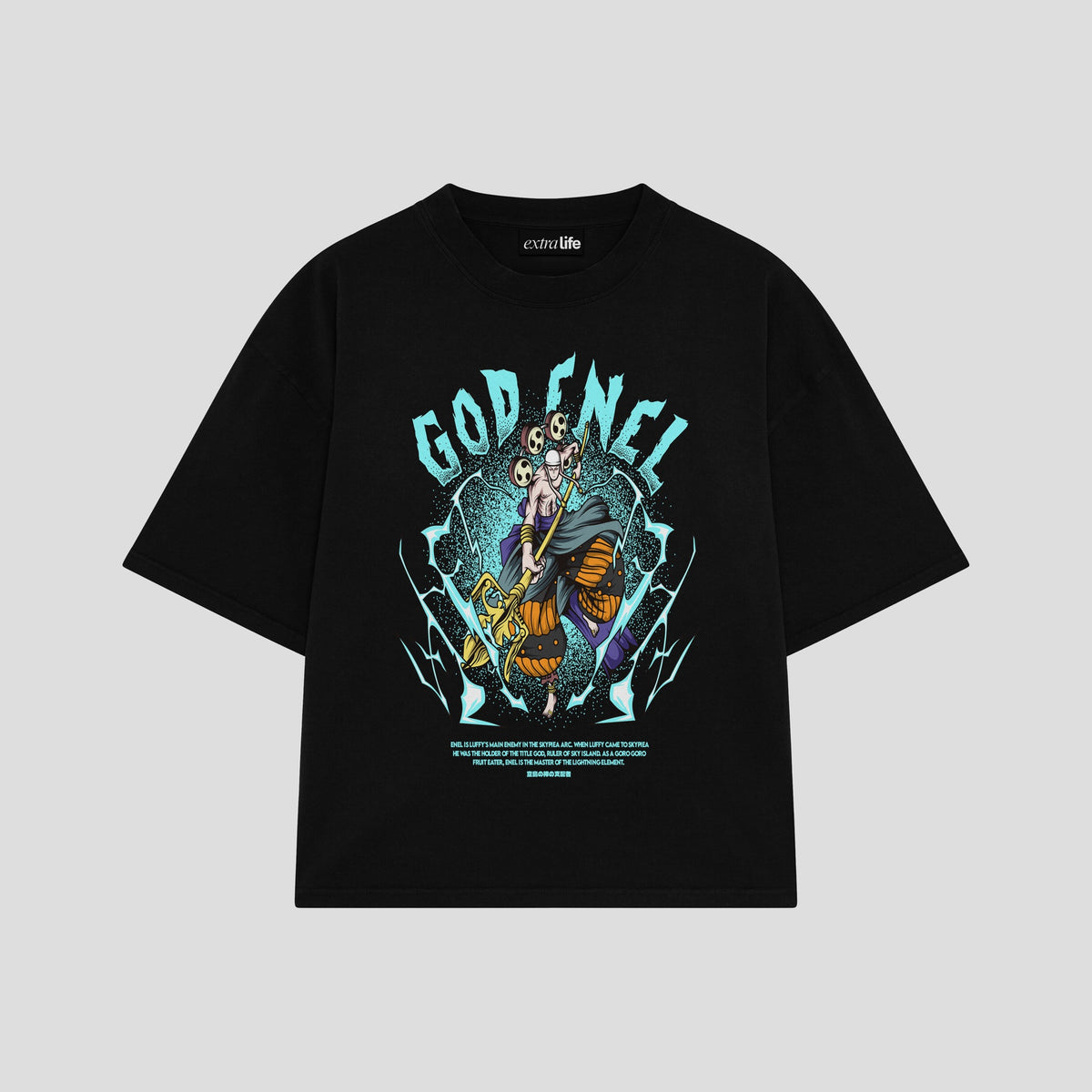 Playera streetwear premium de anime y gaming ExtraLife MX, corte oversized drop shoulder ligero y fresco en color Deep Black y Off-White, moda urbana mexicana de culto.