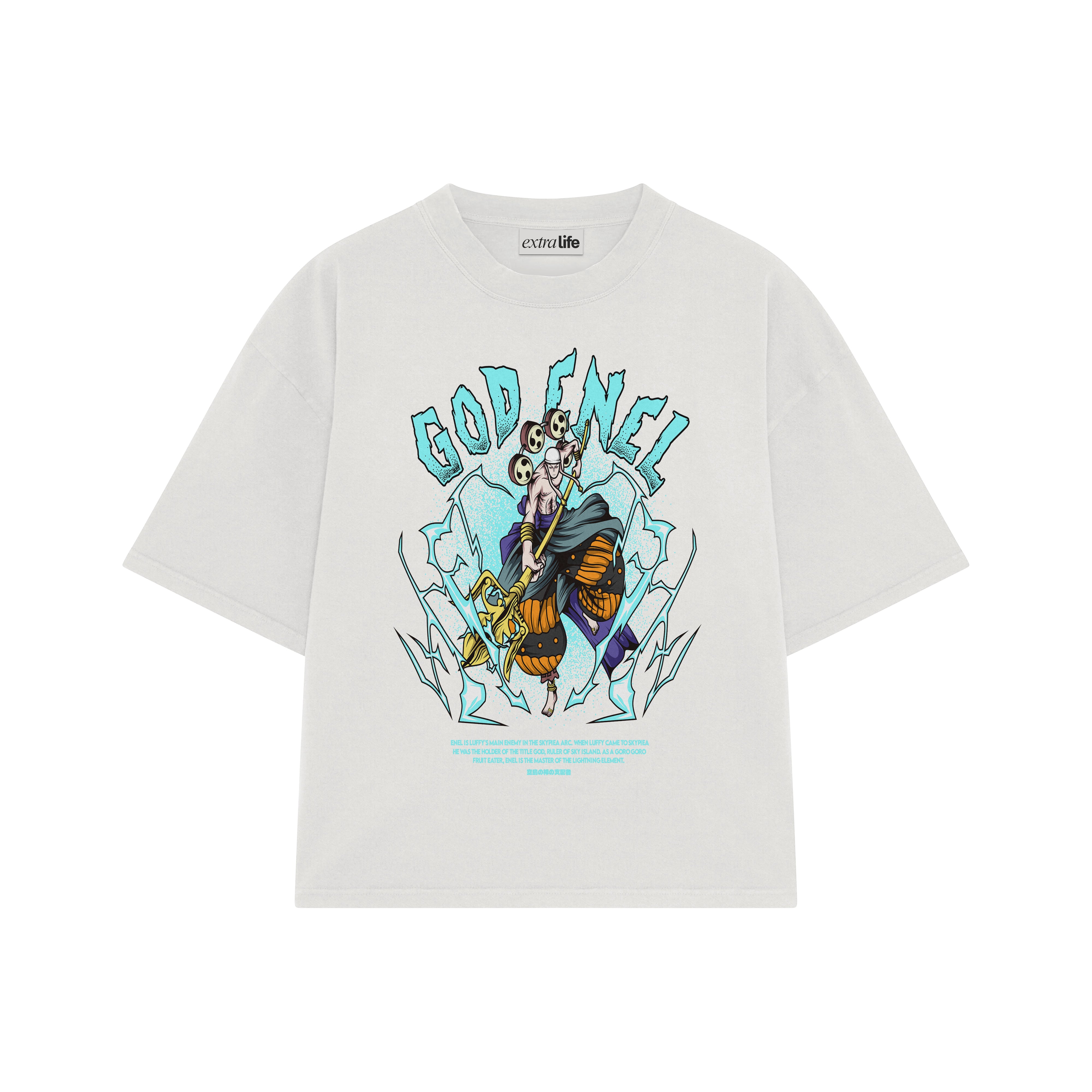 Playera streetwear premium de anime y gaming ExtraLife MX, corte boxy oversized drop shoulder heavyweight en color Deep Black y Off-White, moda urbana mexicana de culto.