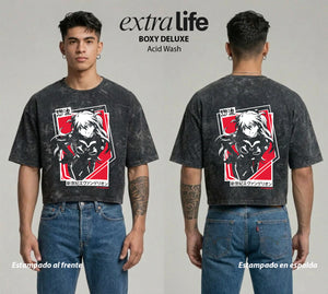 Playera streetwear premium de anime y gaming ExtraLife MX, corte boxy deluxe mineral wash heavyweight en color Acid Wash, moda urbana mexicana de culto.