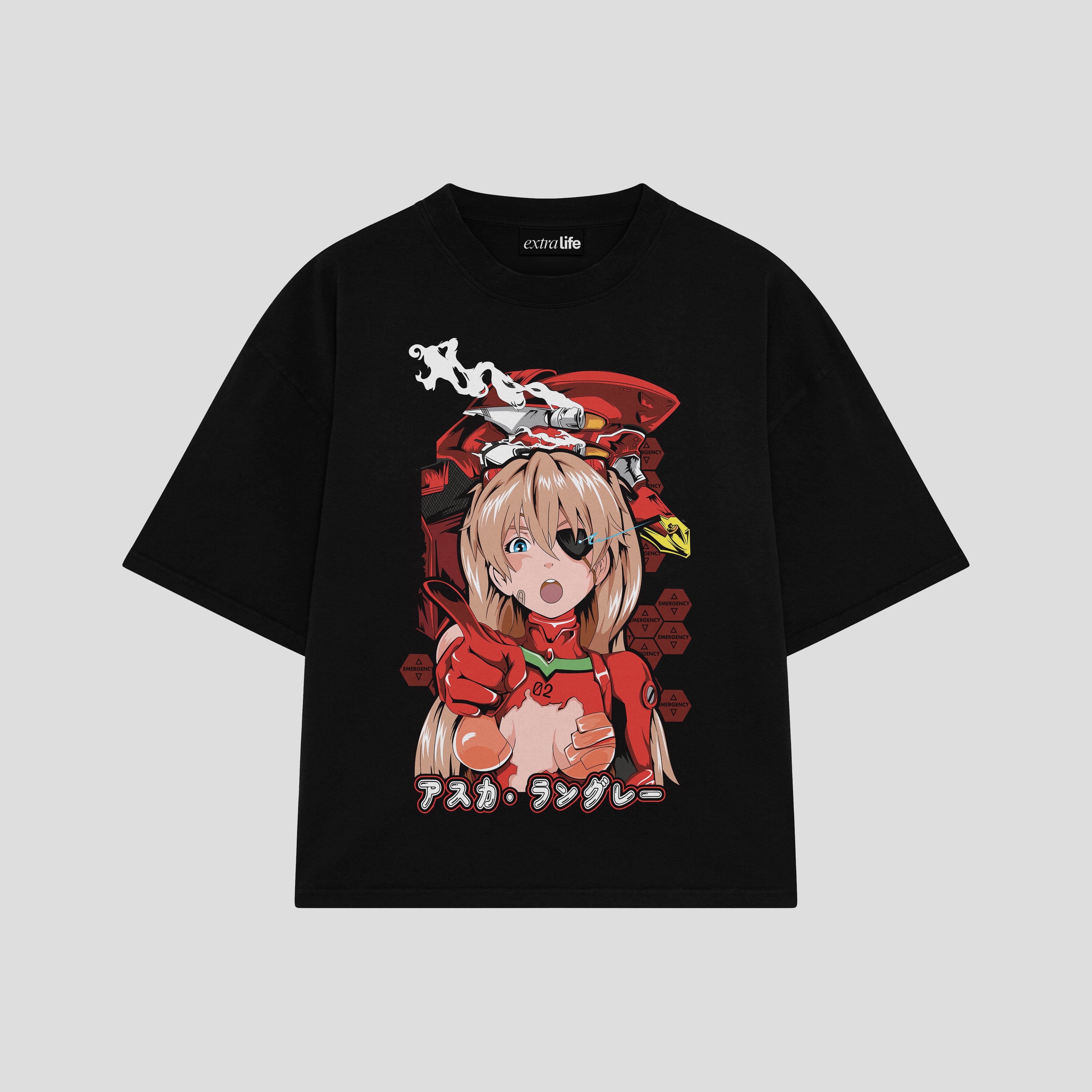 Playera streetwear premium de anime y gaming ExtraLife MX, corte boxy oversized drop shoulder heavyweight en color Deep Black y Off-White, moda urbana mexicana de culto.