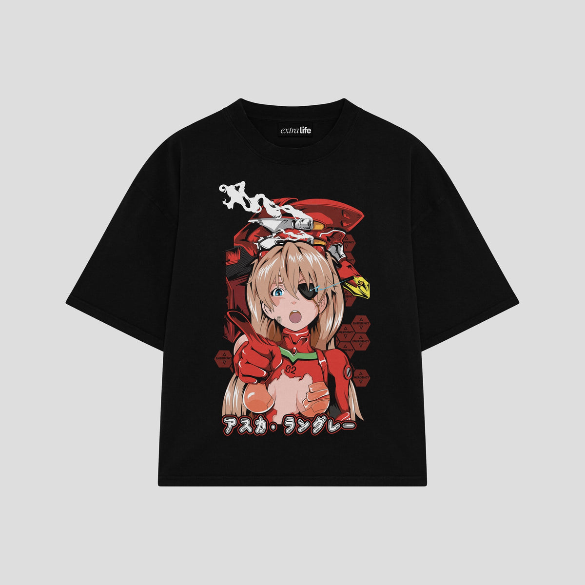 Playera streetwear premium de anime y gaming ExtraLife MX, corte oversized drop shoulder ligero y fresco en color Deep Black y Off-White, moda urbana mexicana de culto.