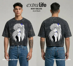 Playera streetwear premium de anime y gaming ExtraLife MX, corte boxy deluxe mineral wash heavyweight en color Acid Wash, moda urbana mexicana de culto.