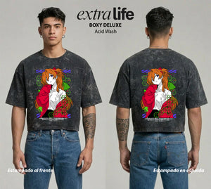 Playera streetwear premium de anime y gaming ExtraLife MX, corte boxy deluxe mineral wash heavyweight en color Acid Wash, moda urbana mexicana de culto.
