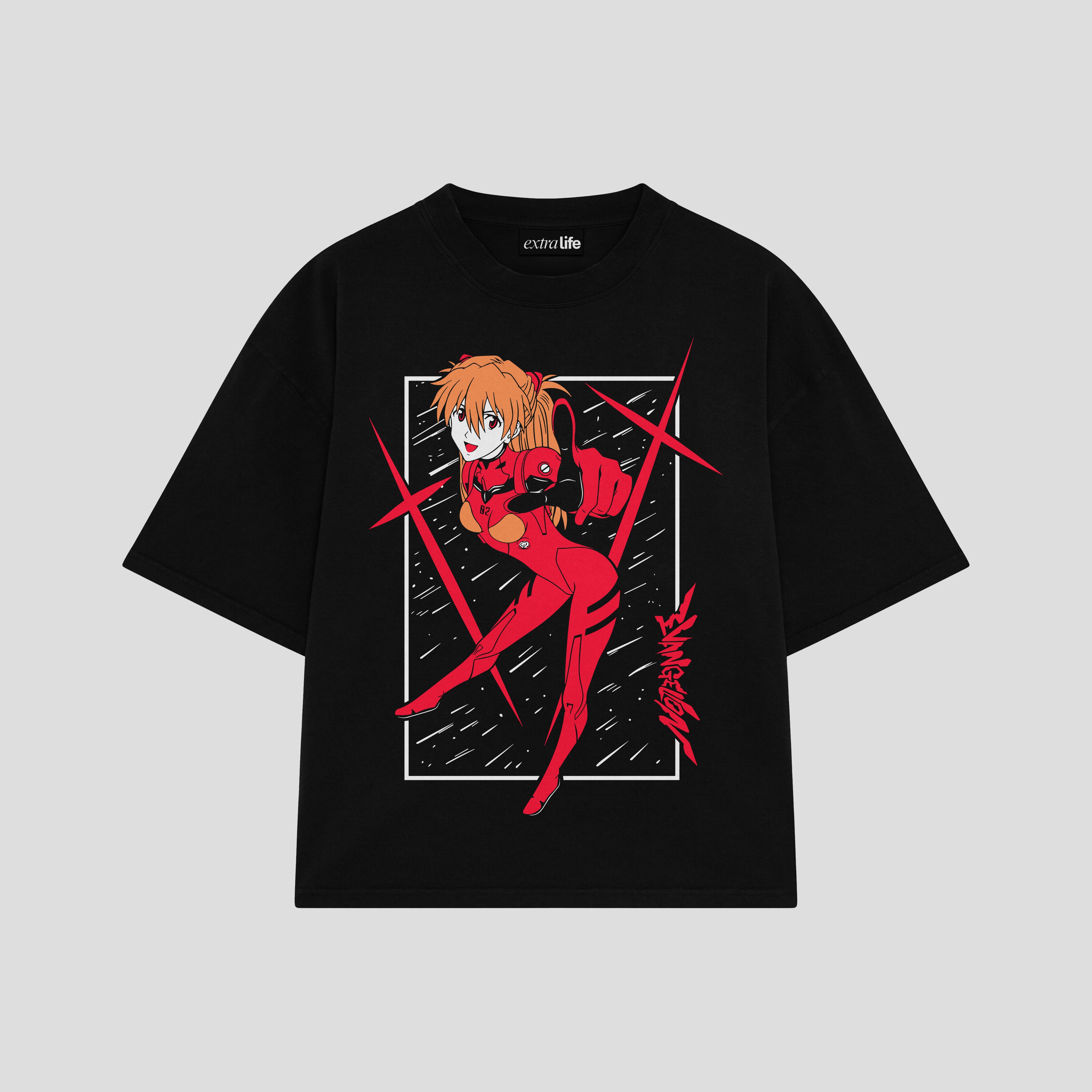 Playera streetwear premium de anime y gaming ExtraLife MX, corte boxy oversized drop shoulder heavyweight en color Deep Black y Off-White, moda urbana mexicana de culto.