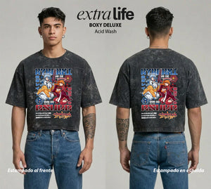 Playera streetwear premium de anime y gaming ExtraLife MX, corte boxy deluxe mineral wash heavyweight en color Acid Wash, moda urbana mexicana de culto.