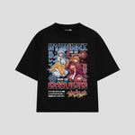 Playera streetwear premium de anime y gaming ExtraLife MX, corte boxy oversized drop shoulder heavyweight en color Deep Black y Off-White, moda urbana mexicana de culto.