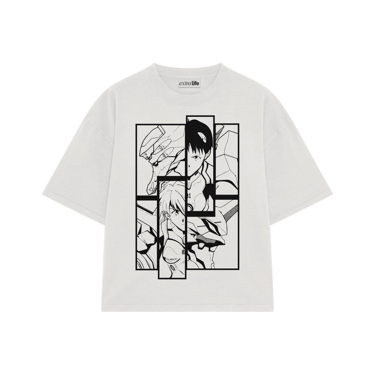 Playera streetwear premium de anime y gaming ExtraLife MX, corte oversized drop shoulder ligero y fresco en color Deep Black y Off-White, moda urbana mexicana de culto.