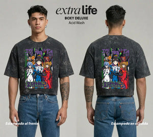 Playera streetwear premium de anime y gaming ExtraLife MX, corte boxy deluxe mineral wash heavyweight en color Acid Wash, moda urbana mexicana de culto.