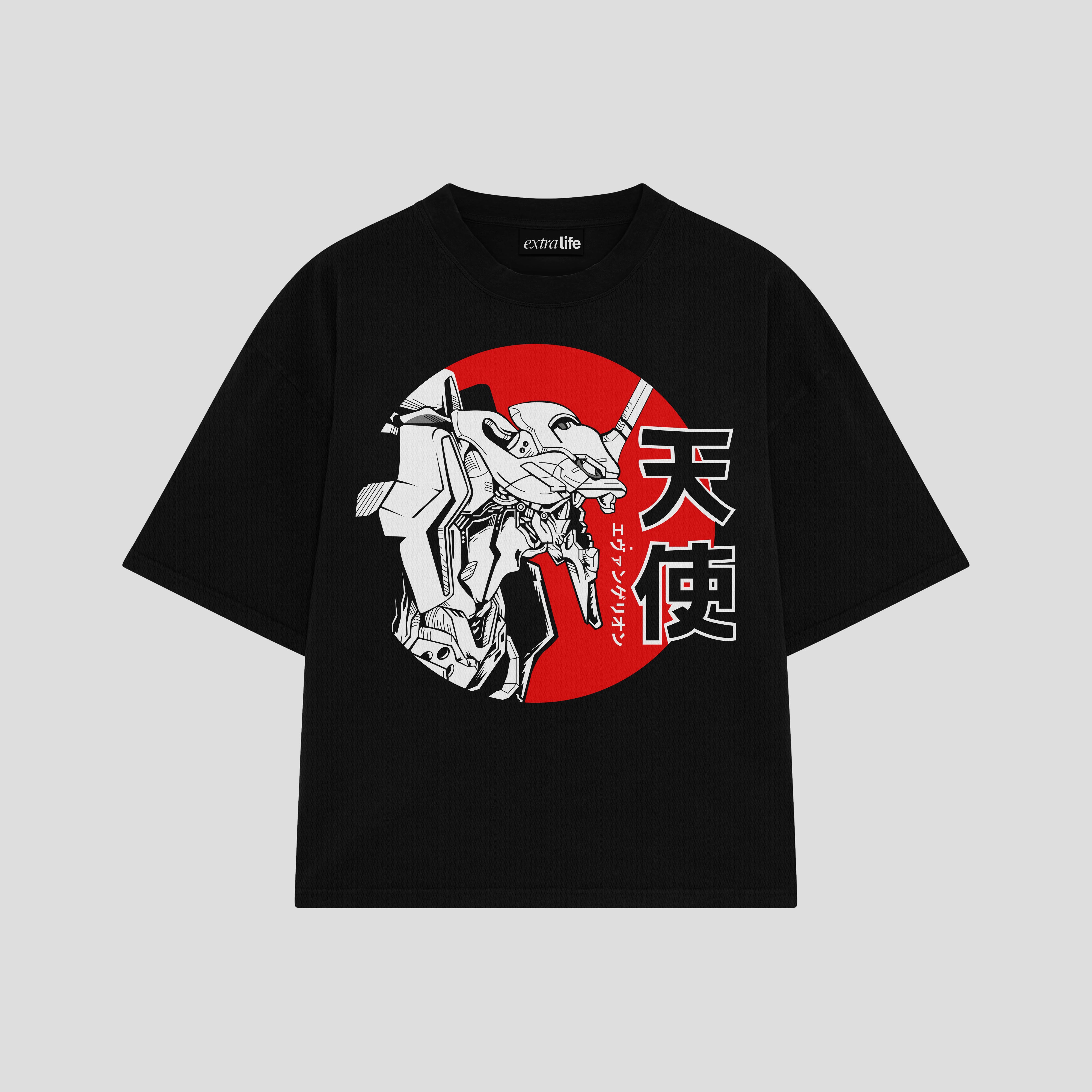 Playera streetwear premium de anime y gaming ExtraLife MX, corte boxy oversized drop shoulder heavyweight en color Deep Black y Off-White, moda urbana mexicana de culto.
