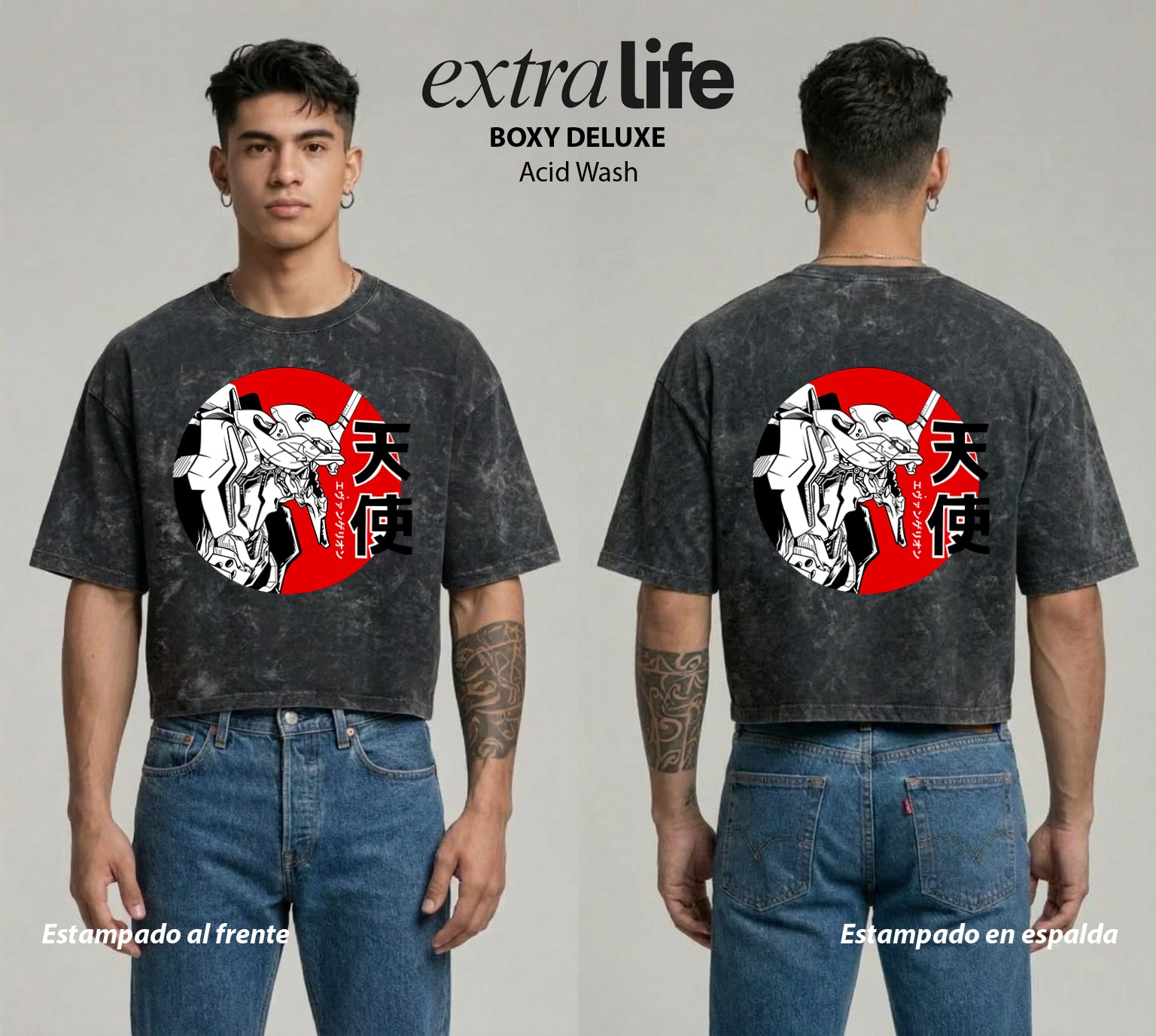 Playera streetwear premium de anime y gaming ExtraLife MX, corte boxy deluxe mineral wash heavyweight en color Acid Wash, moda urbana mexicana de culto.