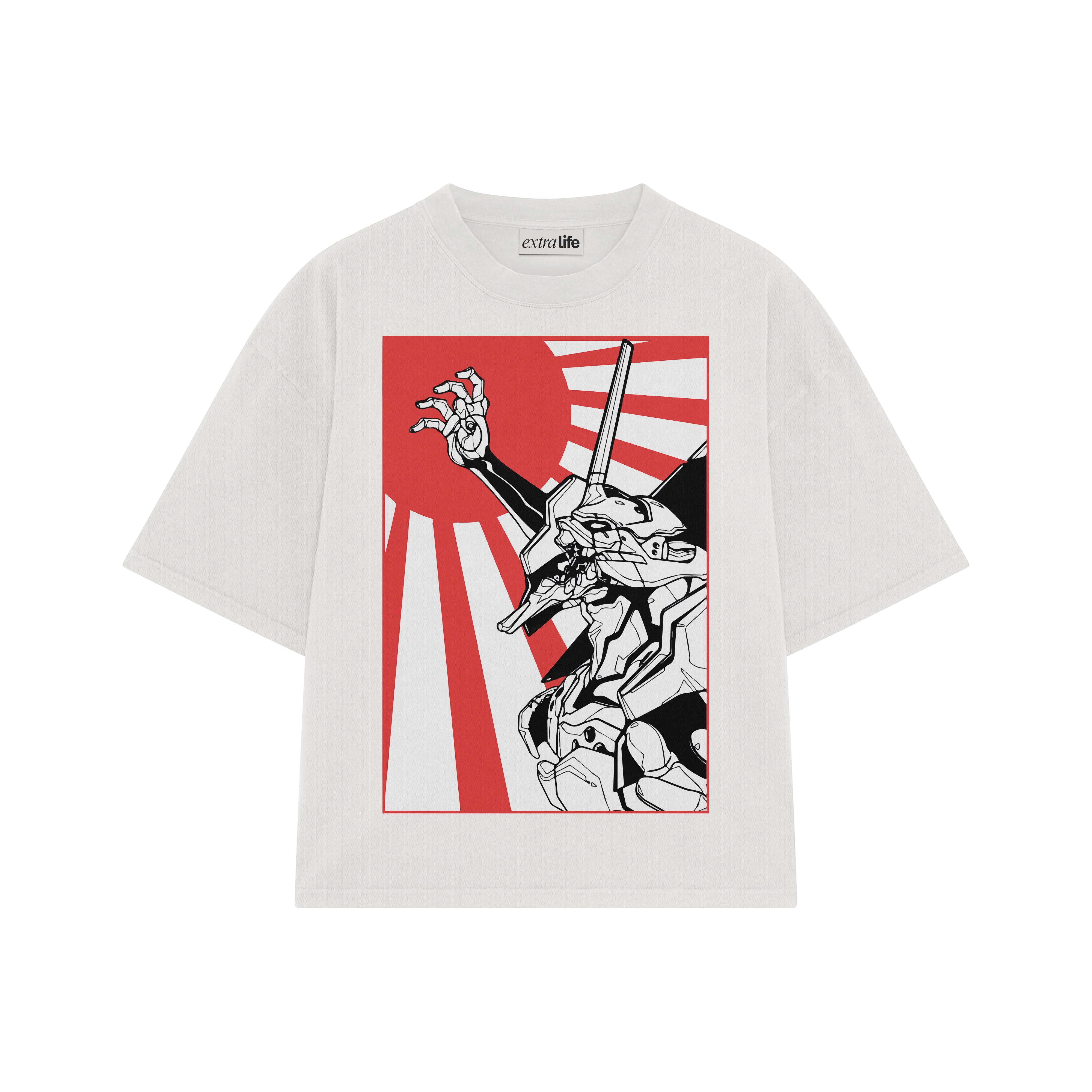 Playera streetwear premium de anime y gaming ExtraLife MX, corte boxy oversized drop shoulder heavyweight en color Deep Black y Off-White, moda urbana mexicana de culto.