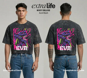 Playera streetwear premium de anime y gaming ExtraLife MX, corte boxy deluxe mineral wash heavyweight en color Acid Wash, moda urbana mexicana de culto.