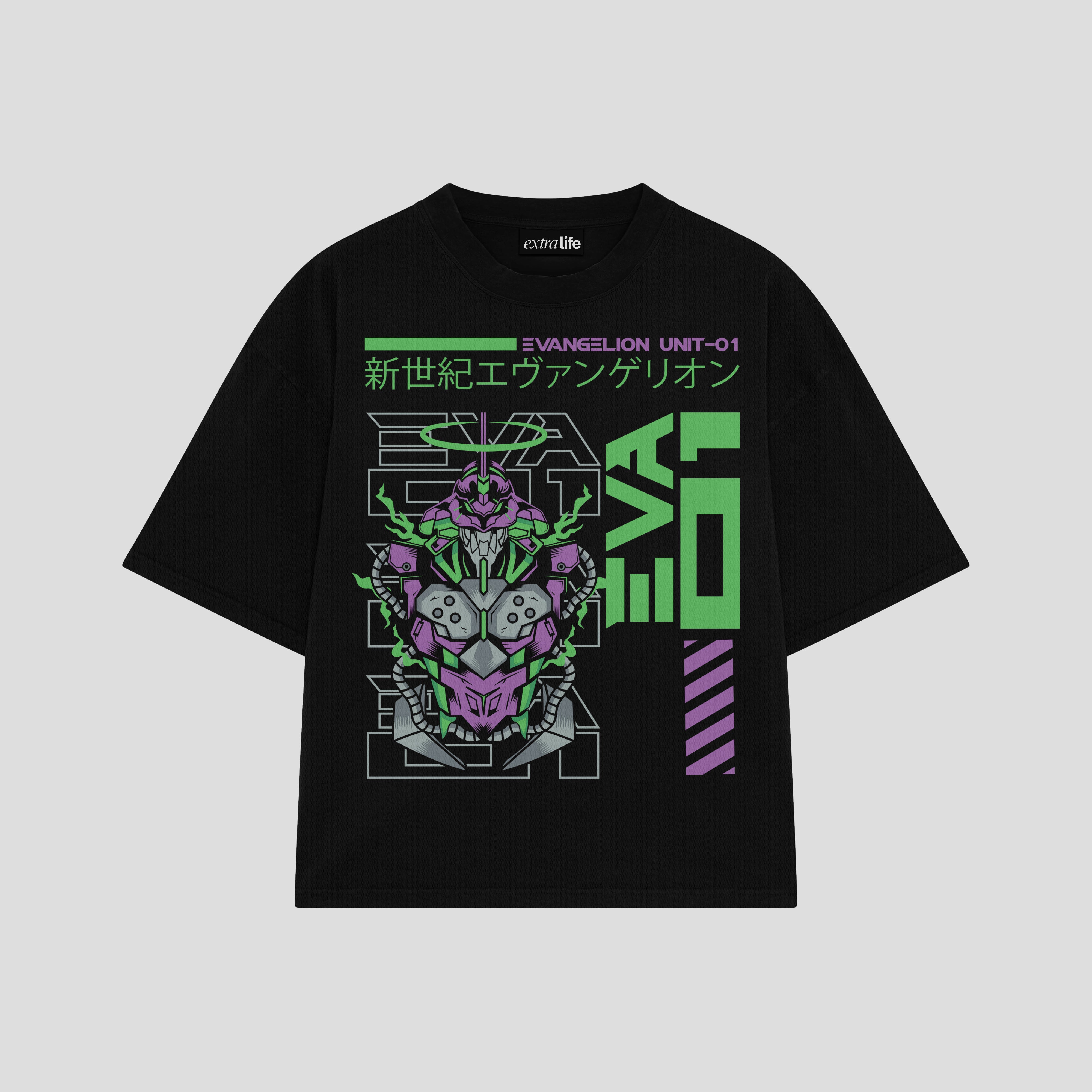 Playera streetwear premium de anime y gaming ExtraLife MX, corte boxy oversized drop shoulder heavyweight en color Deep Black y Off-White, moda urbana mexicana de culto.
