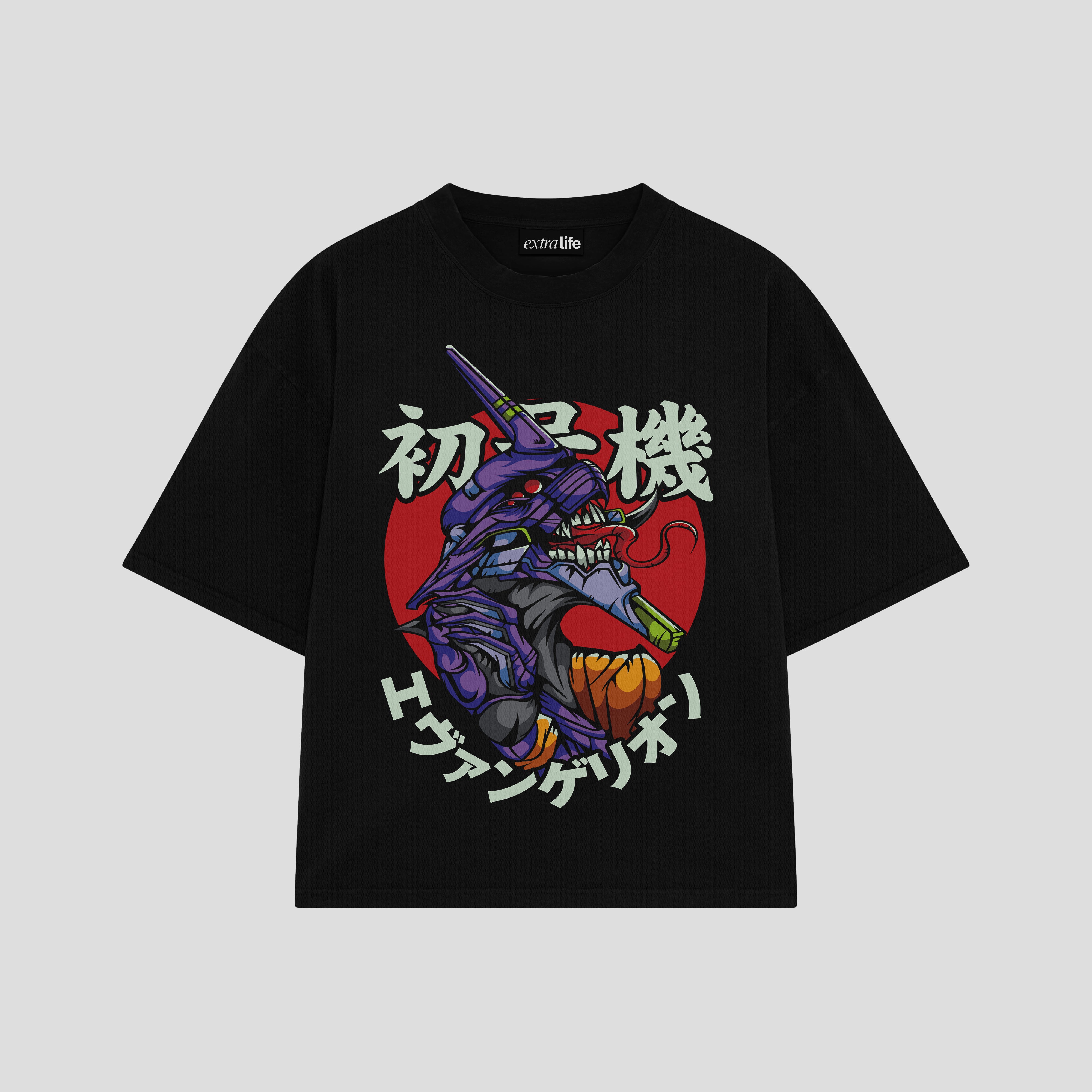 Playera streetwear premium de anime y gaming ExtraLife MX, corte boxy oversized drop shoulder heavyweight en color Deep Black y Off-White, moda urbana mexicana de culto.