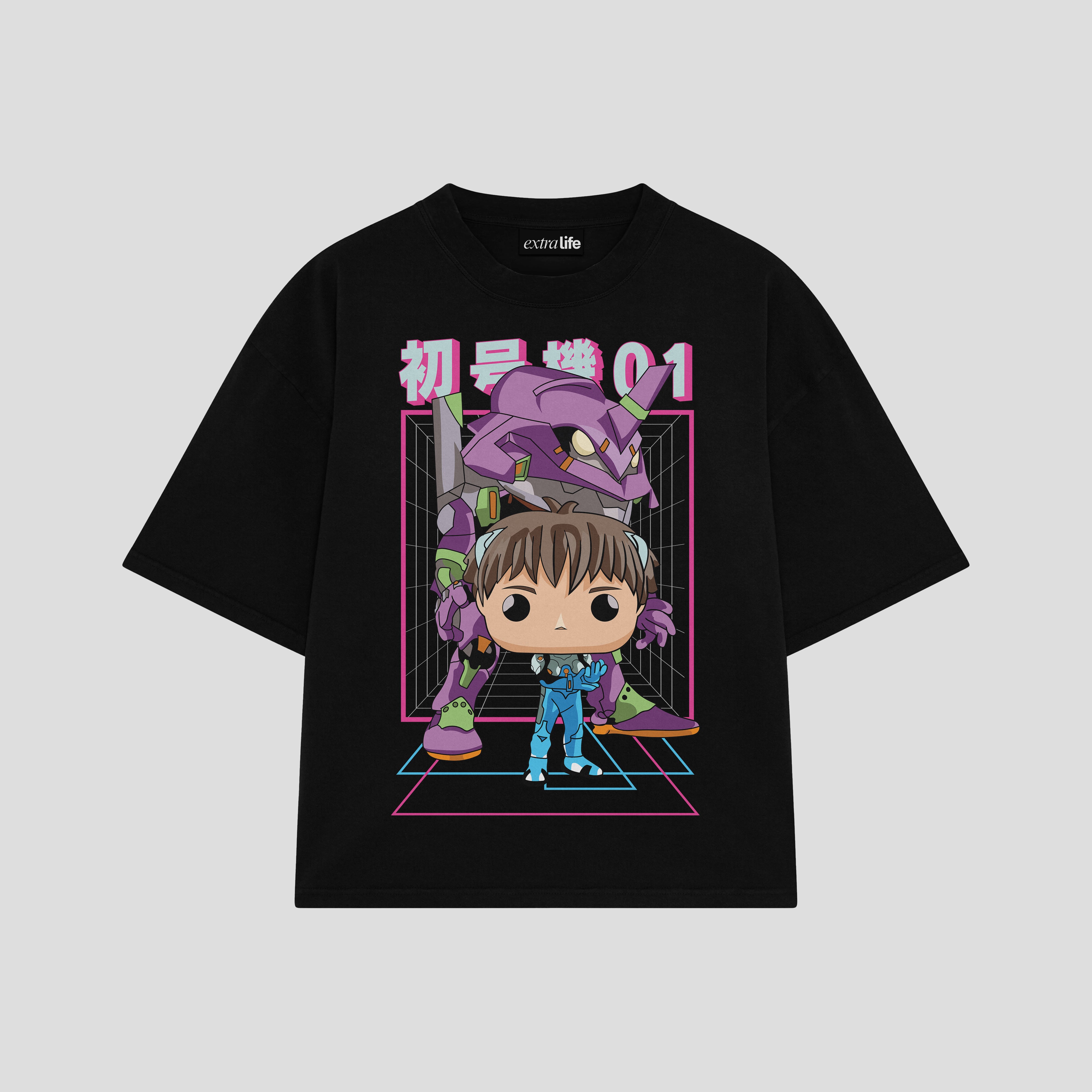 Playera streetwear premium de anime y gaming ExtraLife MX, corte boxy oversized drop shoulder heavyweight en color Deep Black y Off-White, moda urbana mexicana de culto.