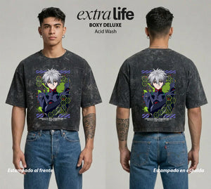 Playera streetwear premium de anime y gaming ExtraLife MX, corte boxy deluxe mineral wash heavyweight en color Acid Wash, moda urbana mexicana de culto.