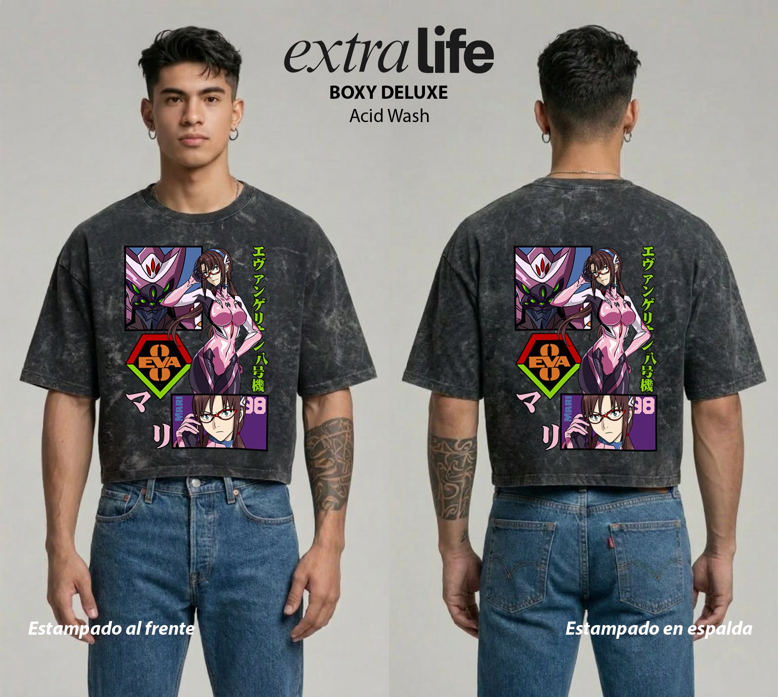 Playera streetwear premium de anime y gaming ExtraLife MX, corte boxy deluxe mineral wash heavyweight en color Acid Wash, moda urbana mexicana de culto.