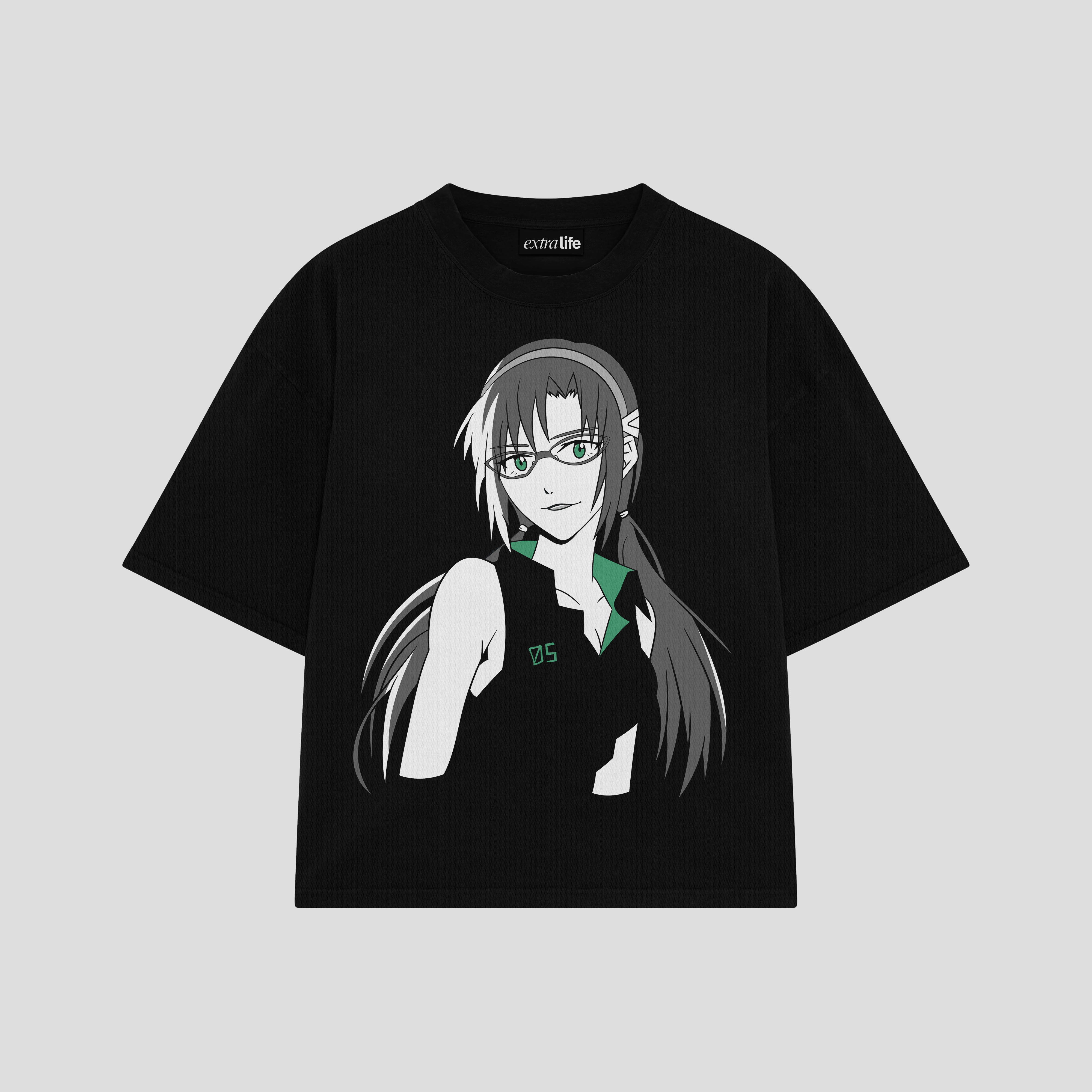 Playera streetwear premium de anime y gaming ExtraLife MX, corte boxy oversized drop shoulder heavyweight en color Deep Black y Off-White, moda urbana mexicana de culto.