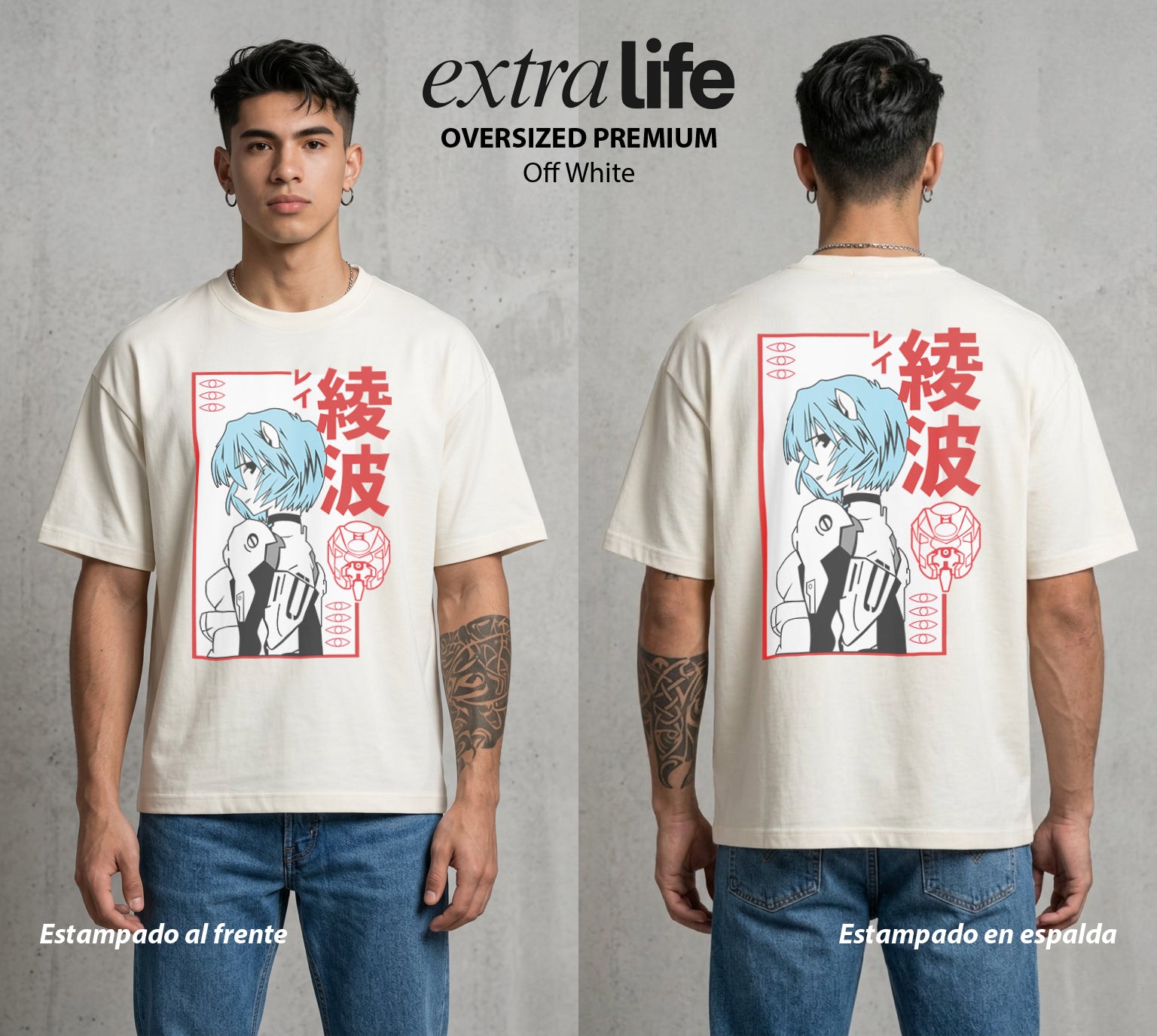 Unidad de Combate | El Alma del EVA #01426 - Playera Oversized Premium | Off White - Foto en modelo
