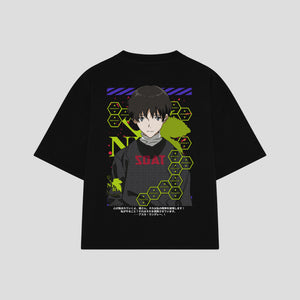Playera streetwear premium de anime y gaming ExtraLife MX, corte boxy oversized drop shoulder heavyweight en color Deep Black y Off-White, moda urbana mexicana de culto.