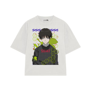 Playera streetwear premium de anime y gaming ExtraLife MX, corte boxy oversized drop shoulder heavyweight en color Deep Black y Off-White, moda urbana mexicana de culto.
