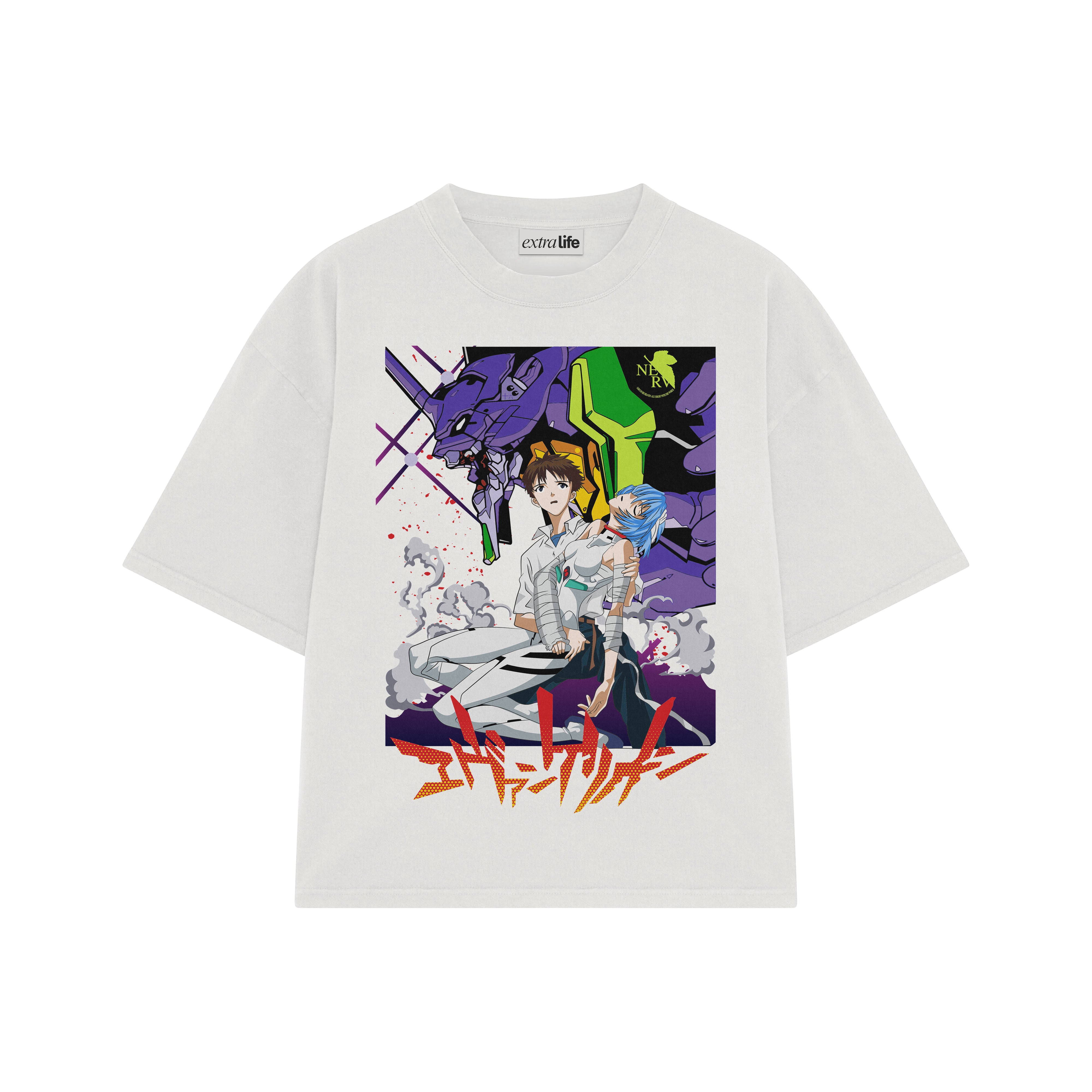 Playera streetwear premium de anime y gaming ExtraLife MX, corte boxy oversized drop shoulder heavyweight en color Deep Black y Off-White, moda urbana mexicana de culto.