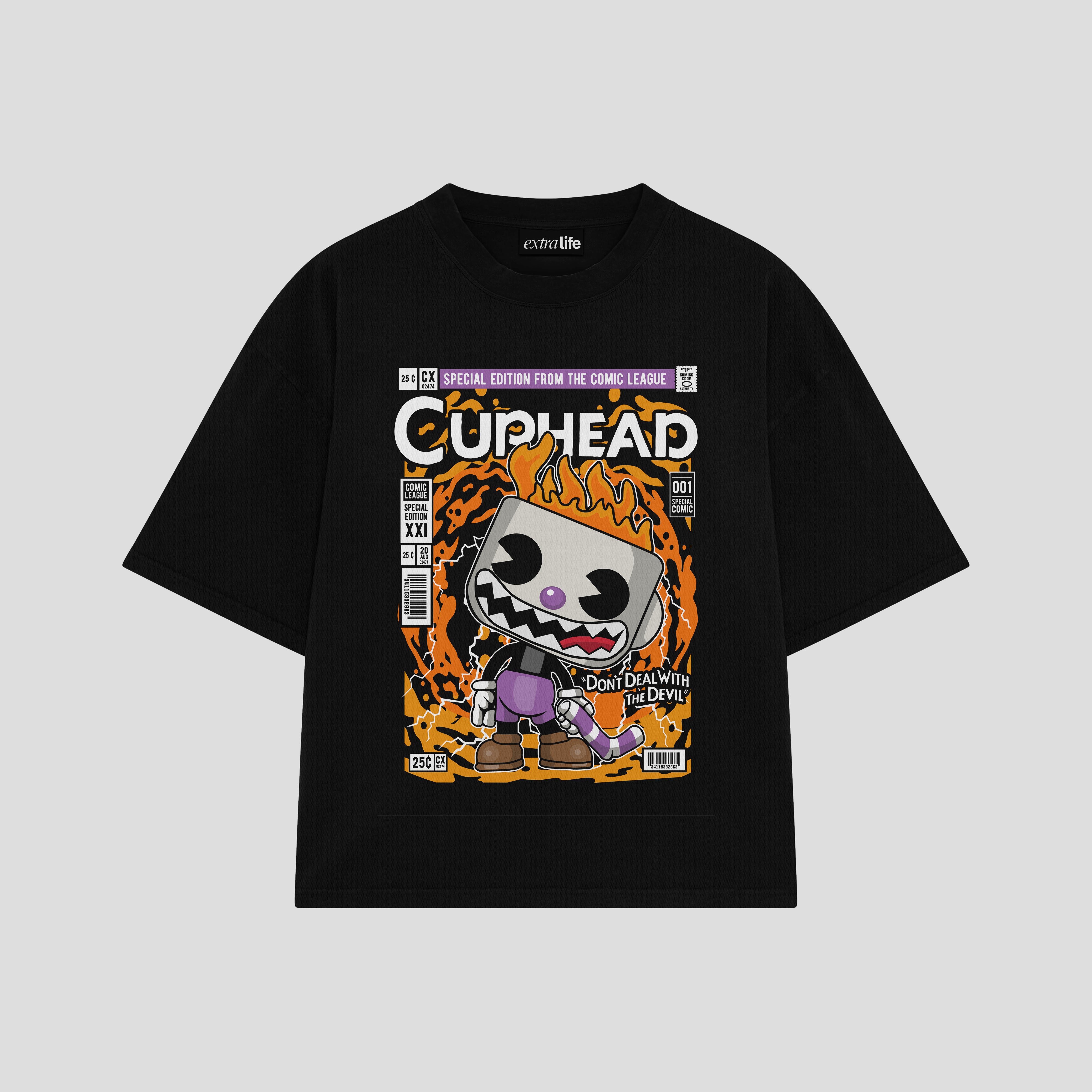 Playera streetwear premium de anime y gaming ExtraLife MX, corte boxy oversized drop shoulder heavyweight en color Deep Black y Off-White, moda urbana mexicana de culto.